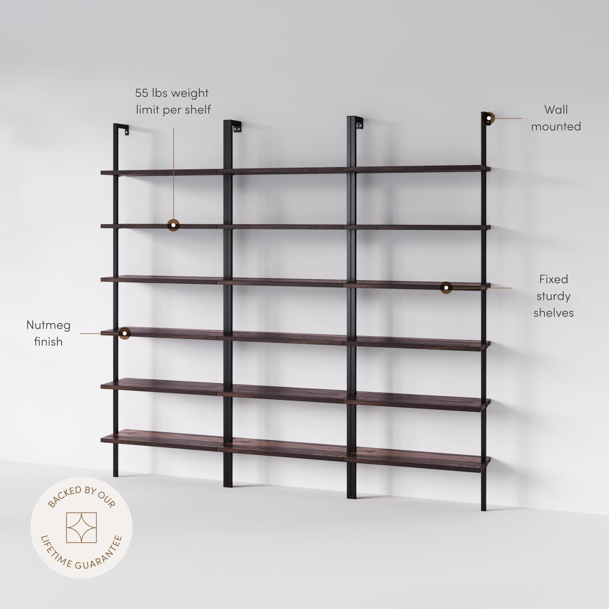 Set of 3, 6-Shelf Tall Bookcase, Wall Mount Bookshelf with Natural Wood Finish and Industrial Metal Frame, Nutmeg/Matte Black