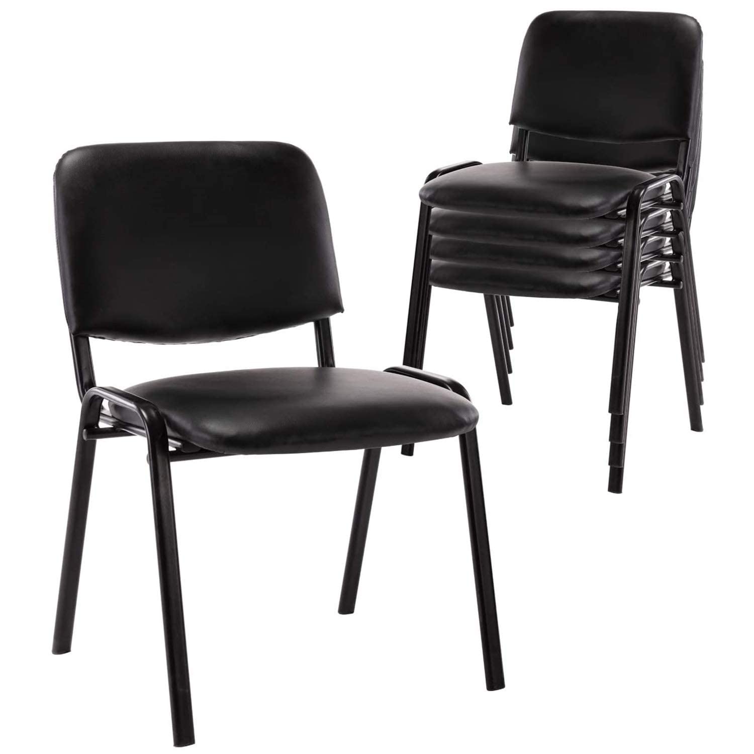 Set of 5, Black PU Leather, Stackable Office Guest Chairs, Reception Waiting Room Chairs with Padded Seat & Back, Armless No Wheels Conference Chairs for Office Meeting Lobby