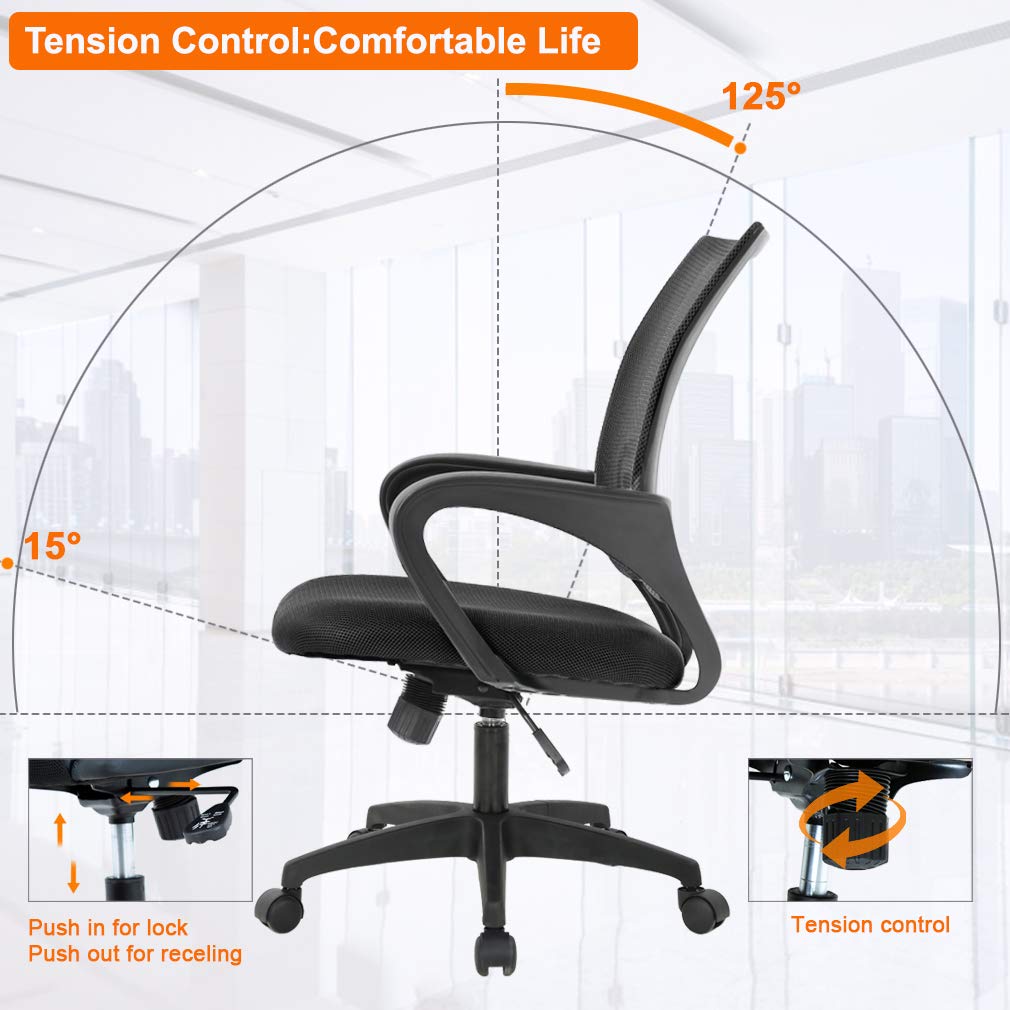 Ergonomic Office Chair | Mid-Back Swivel Desk Chair | Breathable Backrest & Lumbar Support | Adjustable Height | Sponge Seat | Rolling Wheels | Black | for Adults & Women