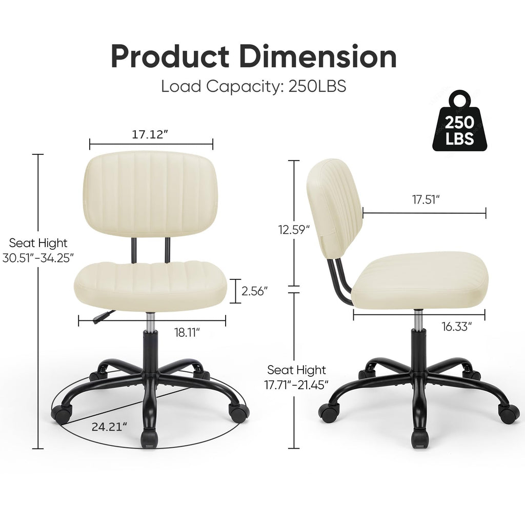 Armless Office Chair: Small Desk Chair with Low Back Lumbar Support, Height Adjustable PU Leather Computer Task with 360° Swivel Wheels, for Adults, Beige