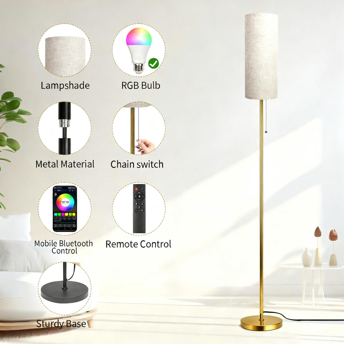 Floor Lamps for Living Room with RGB Color Changing Bulb Dimmable Color Brightness Standing Lamp with Remote Tall Lamps with Chain Switch for Bedroom Office 9W LED Bulb Included, Gold Body RGB Bulb
