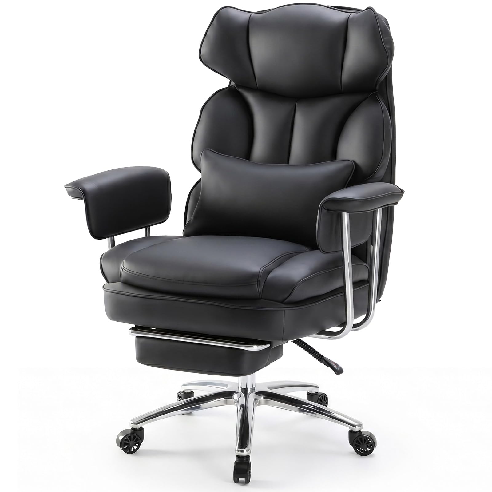 Home Office Desk Chair Comfy with Foot Rest, PU Leather Ergonomic Big and Tall High Back Support, 360° Swivel Wheels, Armrests and Detachable Pillow, Height Adjustable, Inky
