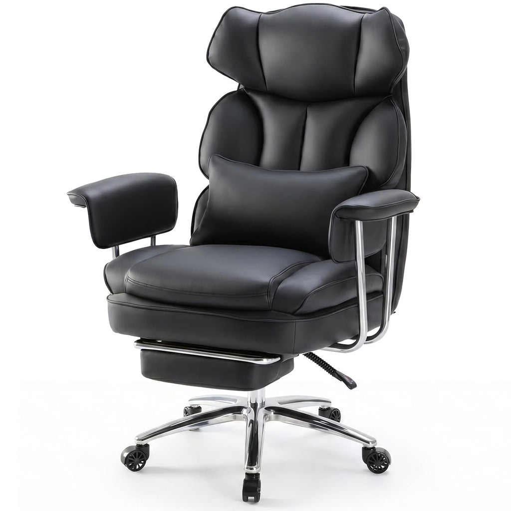 Home Office Desk Chair Comfy with Foot Rest, PU Leather Ergonomic Big and Tall High Back Support, 360° Swivel Wheels, Armrests and Detachable Pillow, Height Adjustable, Black