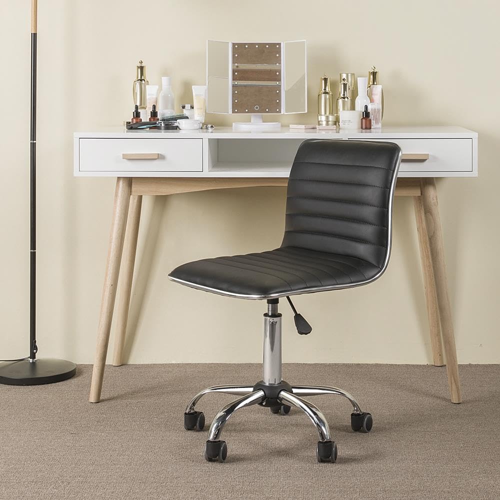 Adjustable Task Chair PU Leather Low Back Ribbed Armless Swivel Black Desk Chair Office Chair Wheels