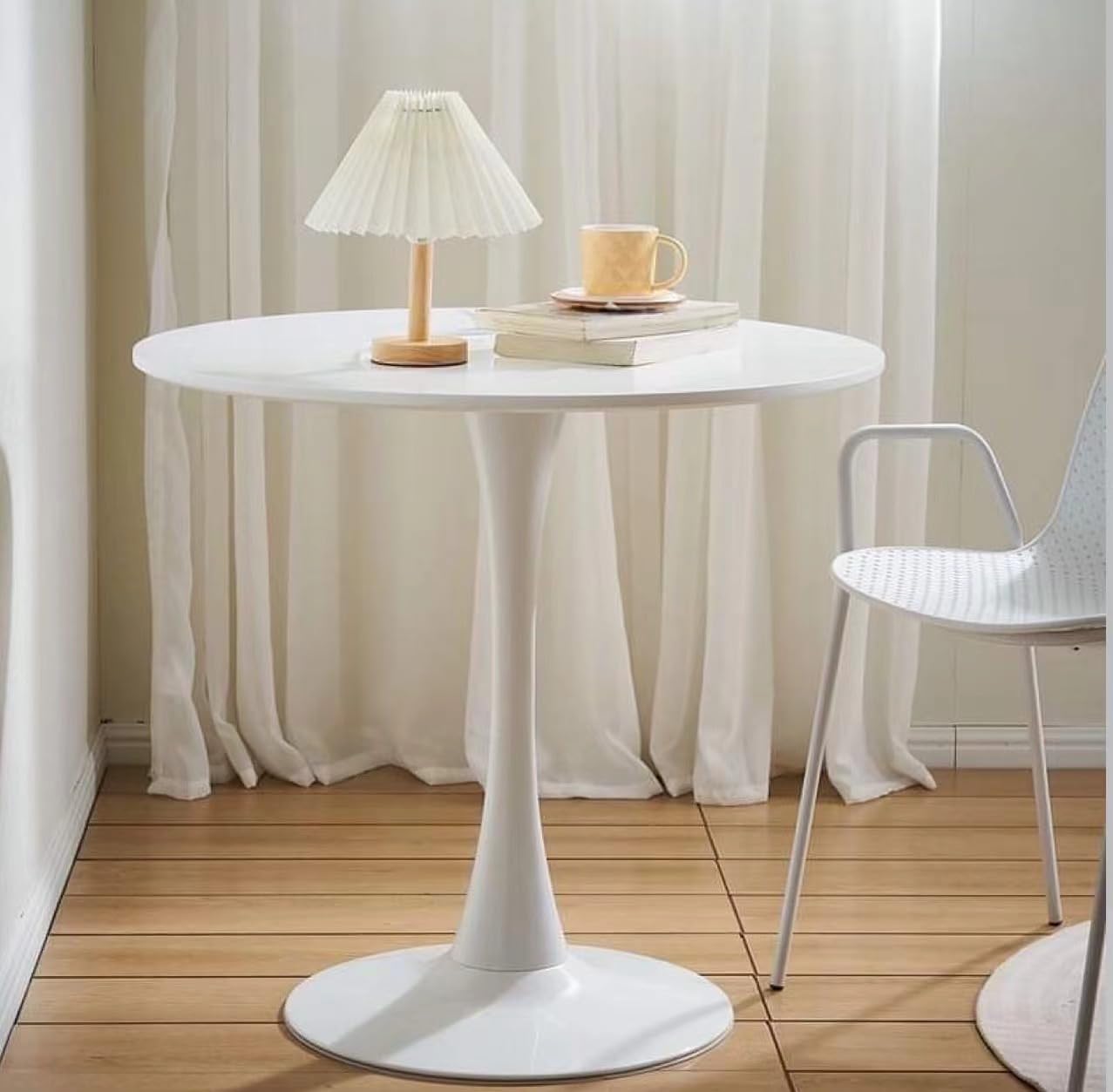 TUOMUR White Round Dining Table, 27.6" Tulip Table Kitchen Round Dining Table for 1-2 People with MDF Table Top and Metal Pedestal Base, Mid-Century Leisure Table for Home, Dining Room, Cafe