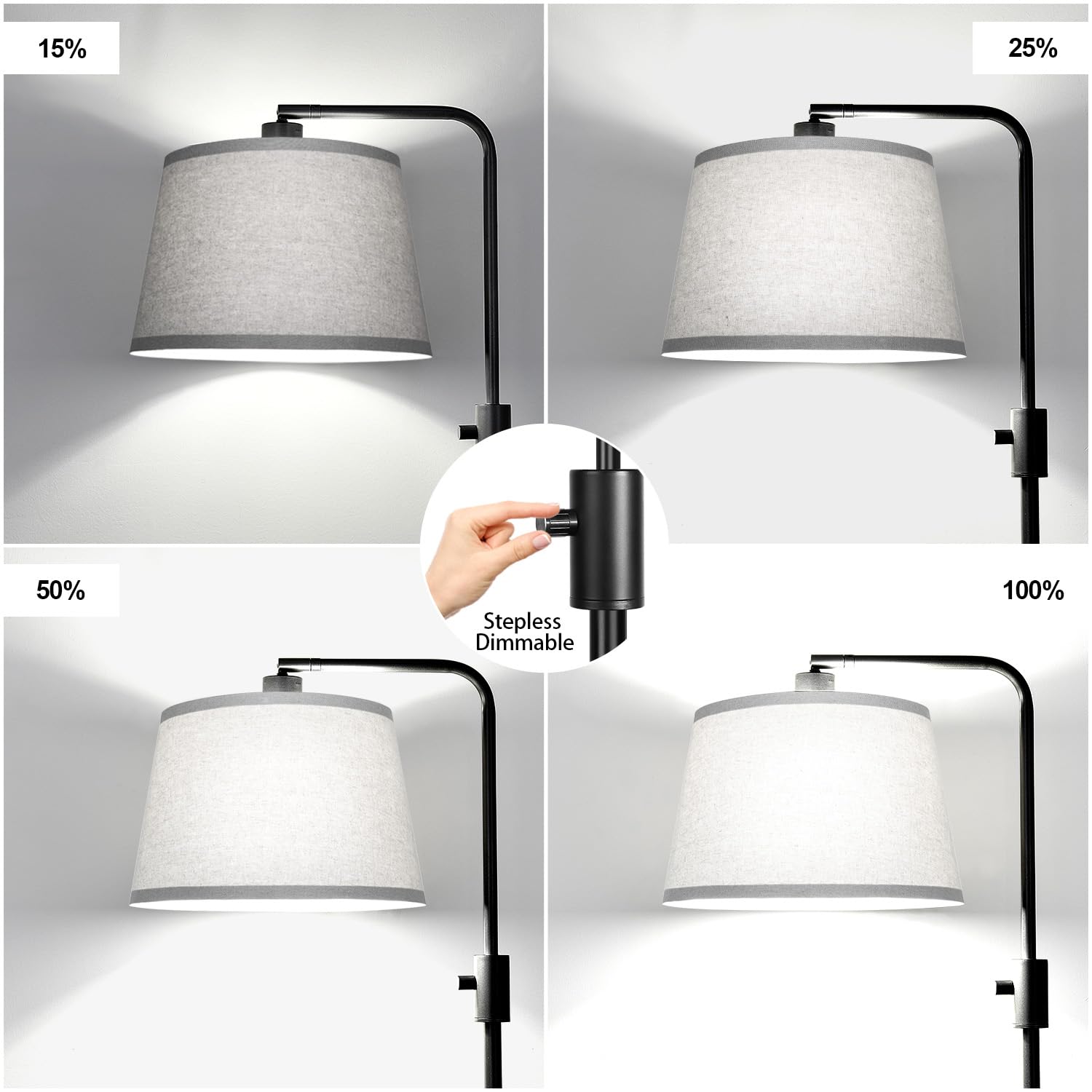 Floor Lamp, 1000 Lumens LED Edison Bulb Included, Arc Floor Lamps for Living Room Modern Standing Lamp with Gray Shade, Tall Lamps for Living Room Bedroom Office Dining Room