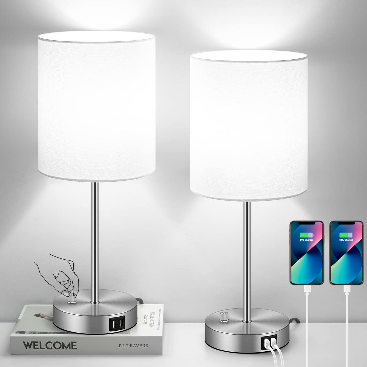 Set of 2 Table Lamps with USB Ports, White Bedside Lamps with AC Outlet