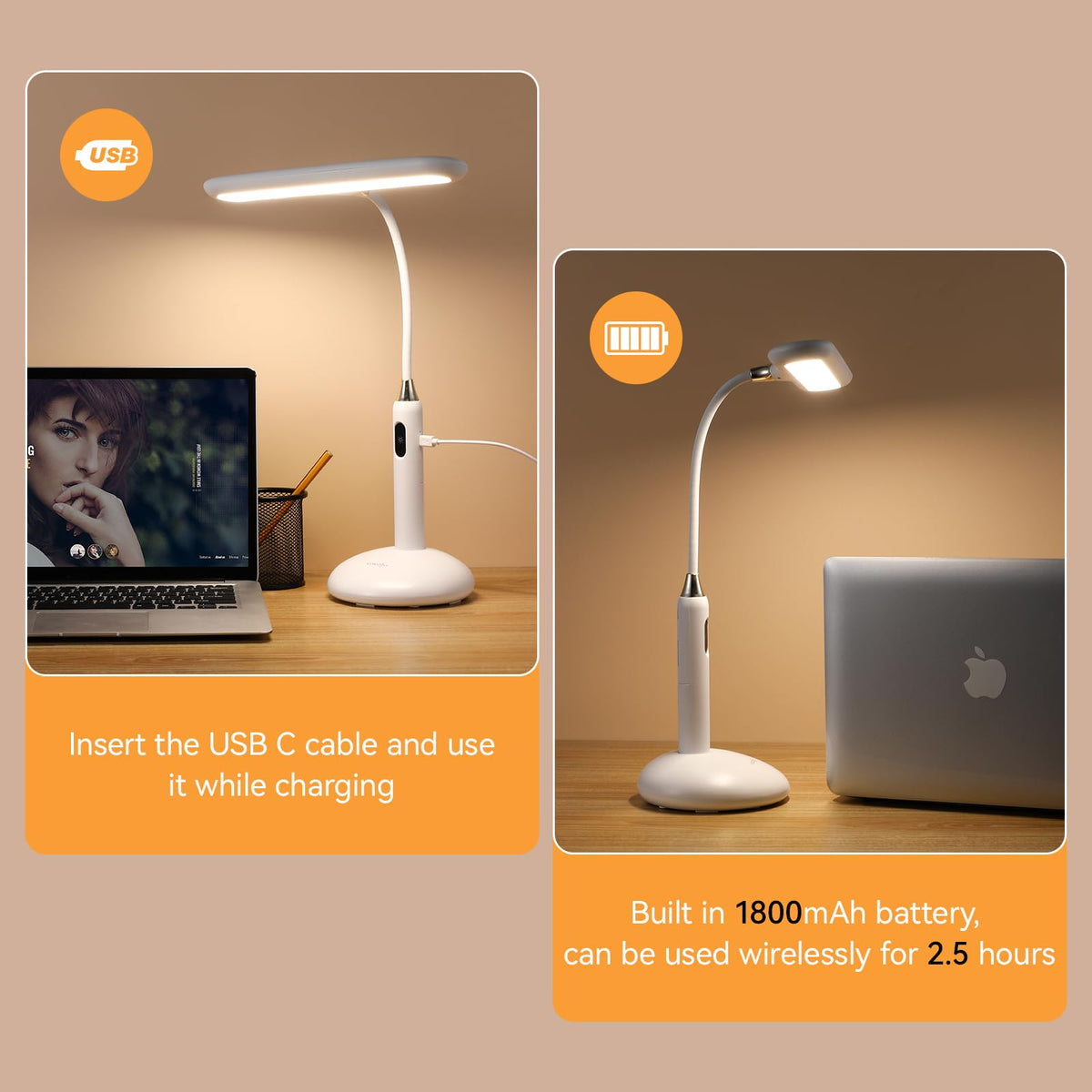 LED Desk Lamp 6778B - Touch Control, Adjustable 2700-7000K Color Temperature, 700 Lumens, 360° Flexible Gooseneck, USB-C Charging, 2.5hrs Cordless, Eye-Caring Light (White)