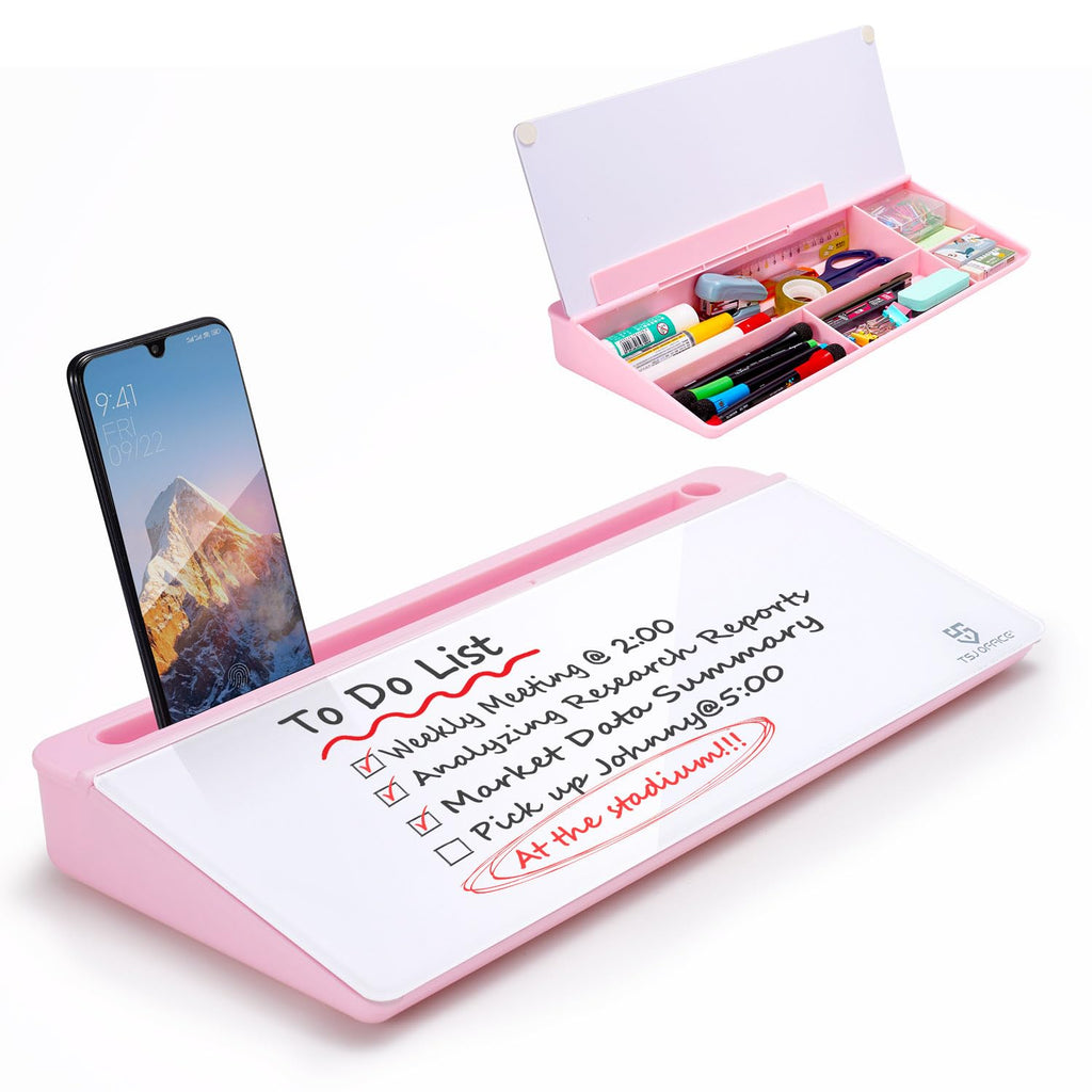 Desktop Whiteboard Dry-Erase-Board - Computer Keyboard Stand White Board Surface Pad with Drawer, Desk Organizers with Accessories for Office, Home, School Supplies - Pink