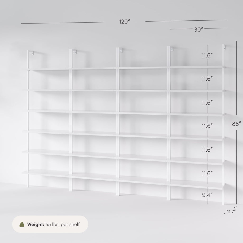Set of 4, 6-Shelf Tall Modern Bookshelf, Wall Mount Ladder Shelf Bookcase with White Wood and Industrial Metal Frame, Matte White/White