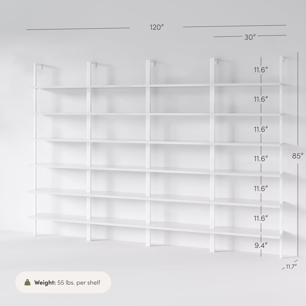 Set of 4, 6-Shelf Tall Modern Bookshelf, Wall Mount Ladder Shelf Bookcase with White Wood and Industrial Metal Frame, Matte White/White