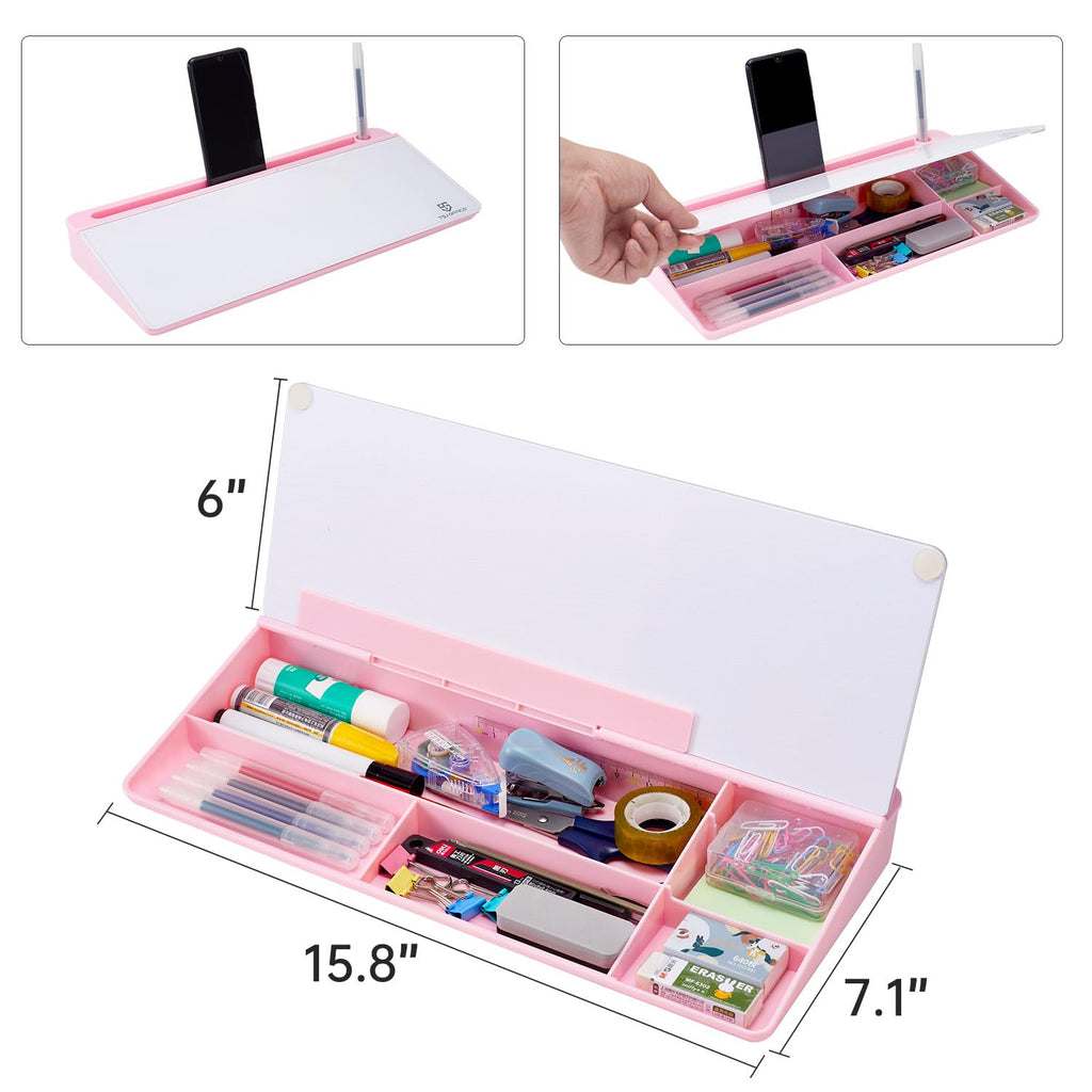 Desktop Whiteboard Dry-Erase-Board - Computer Keyboard Stand White Board Surface Pad with Drawer, Desk Organizers with Accessories for Office, Home, School Supplies - Pink