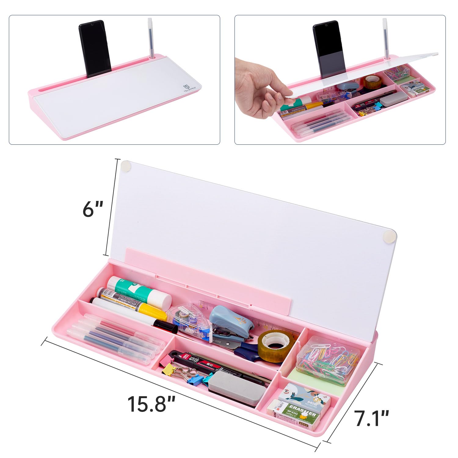 Desktop Whiteboard Dry-Erase-Board - Computer Keyboard Stand White Board Surface Pad with Drawer, Desk Organizers with Accessories for Office, Home, School Supplies - Pink