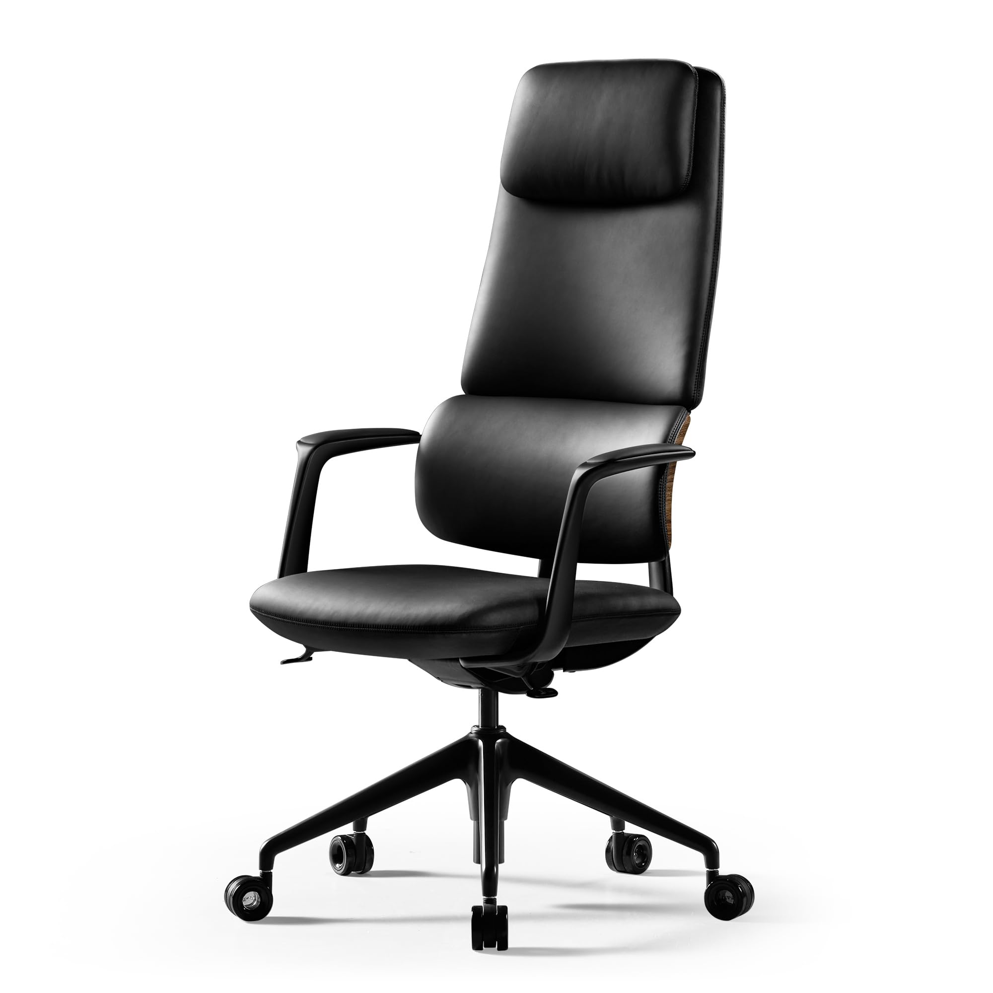 Genuine Leather Office Desk Chair, Ergonomic Leather Executive Office Chair, Upgraded Wood Grain Finish and S Curve Back with Solid Aluminum Frame, Luxury and Mordern
