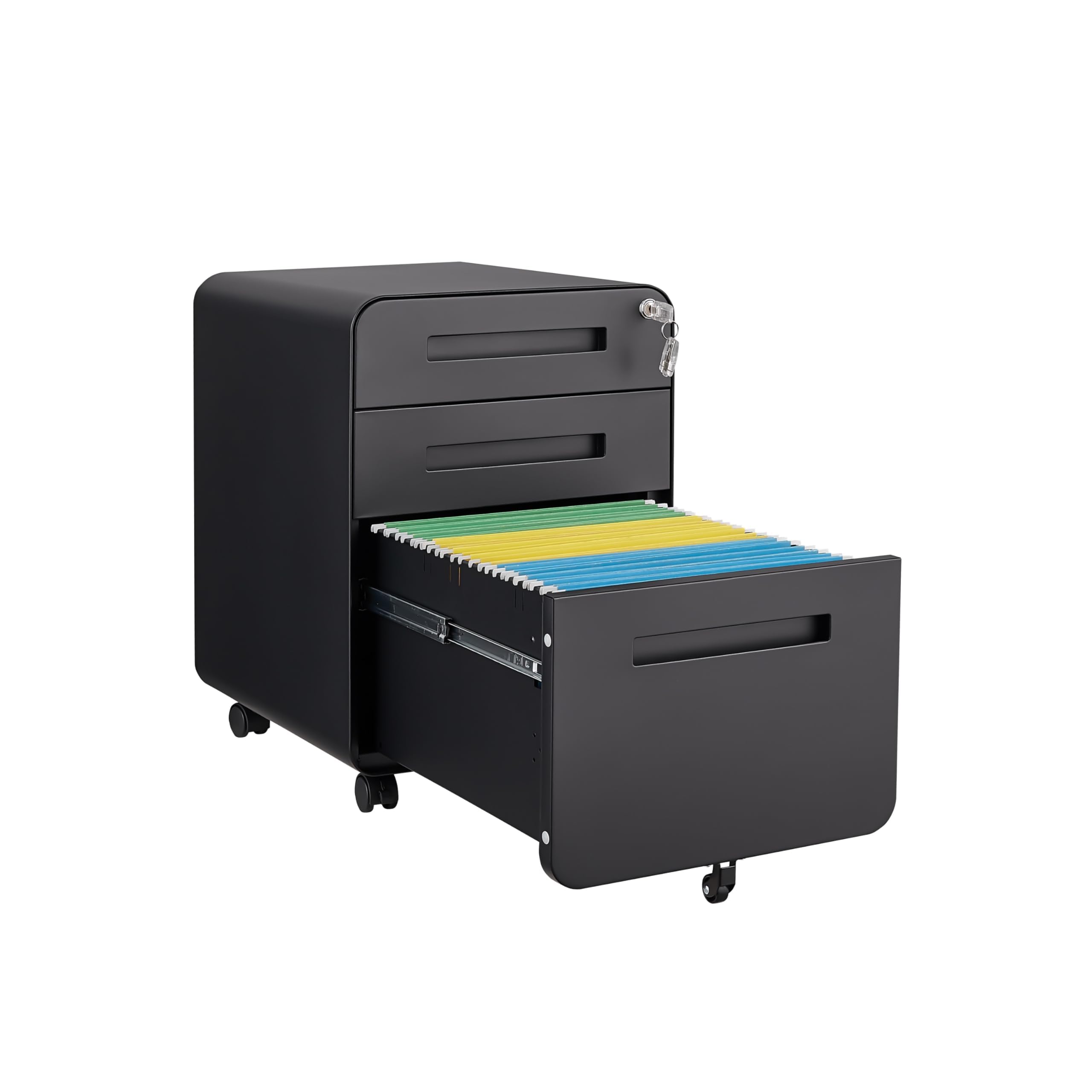 3 Drawer File Cabinet for Office, Under Desk Mobile Filing Cabinet with Lock for A4/Letter/Legal Size, 5 Wheel Anti-tilt Rolling File Cabinets, Fully Assembled