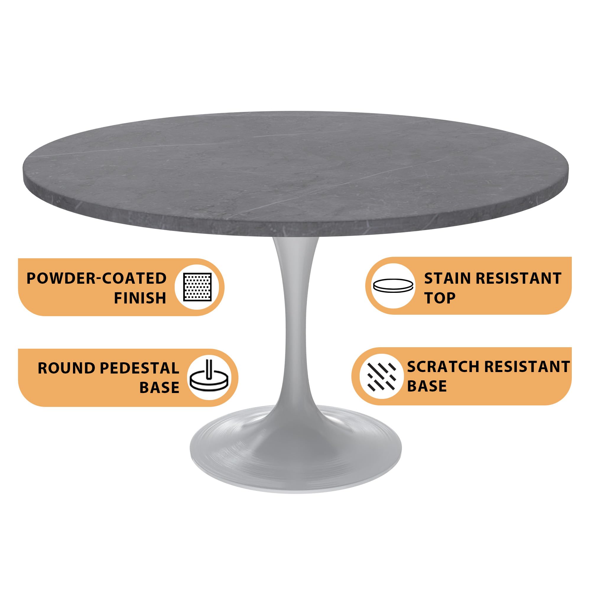 Verve Modern 48" Round Dining Table with Sintered Stone Tabletop in White Steel Pedestal Base for Kitchen and Dining Room (Grey)