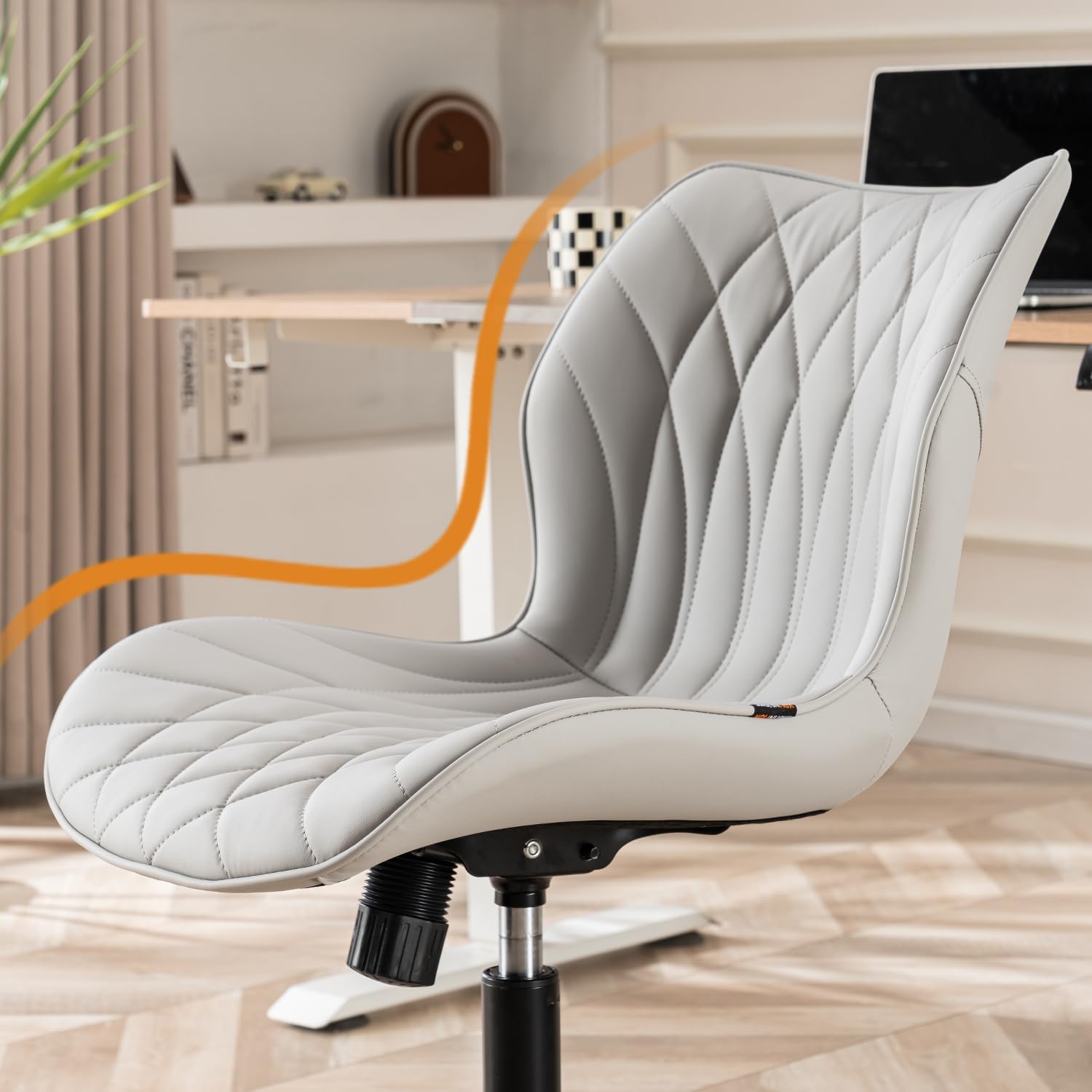 Armless Desk Chair Comfy Office Chair with Wheels Home Ergonomic Task Chair Adjustable Computer Chairs Modern Faux Leather Swivel Chair Upholstered Makeup Vanity Chair with Back(Gray)