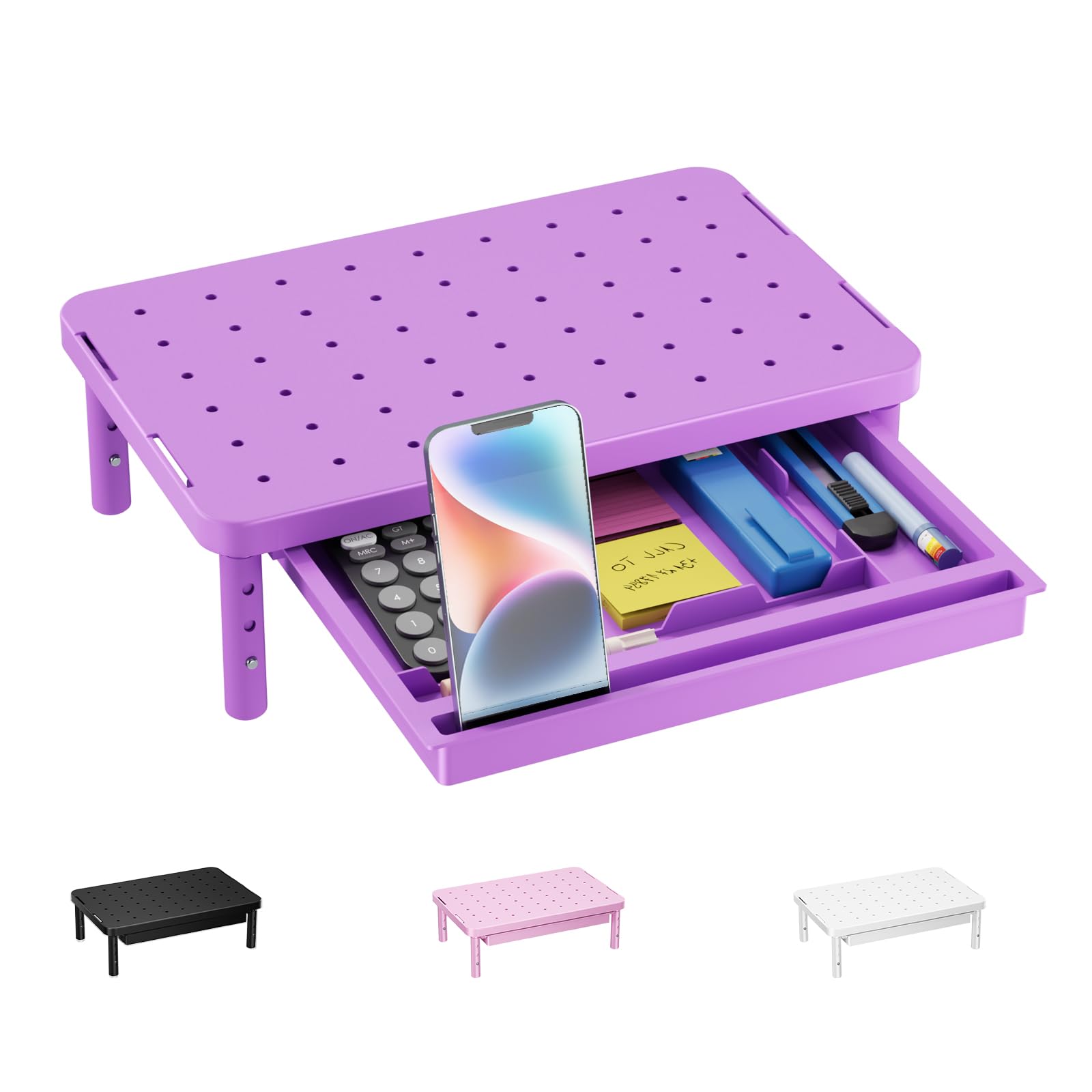 Computer Monitor Stand with Storage, Desk Monitor Riser 3 Height Adjustable, Laptop Riser with Airflow Vents, Desk Organizer for Computer, Laptop, Printer (PTT002-V), 1 Pack, Violet