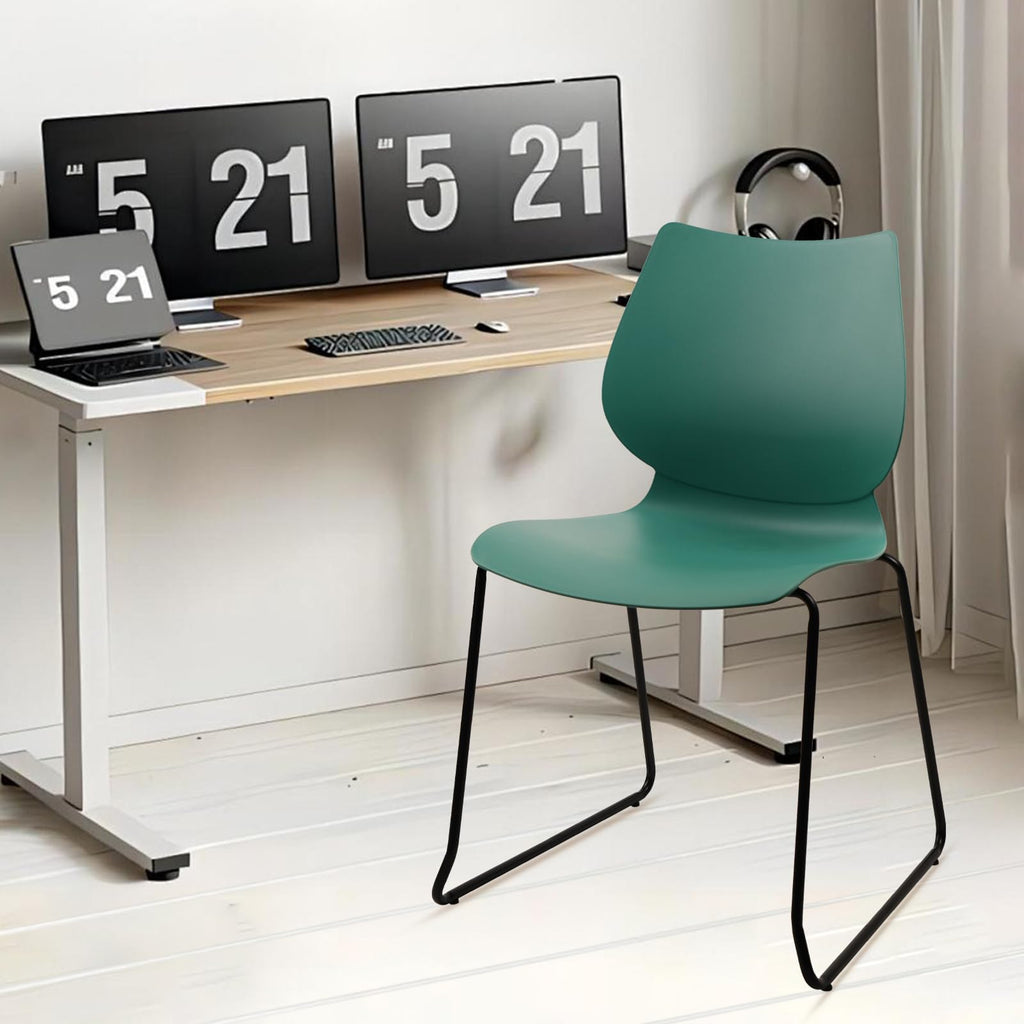 Set of 4, Stackable Waiting Room Chair, Stacking Office Chair with Ergonomic Lumbar Support and Metal Legs, Plastic Desk Chairs for Conference School Church Guest Reception, Green