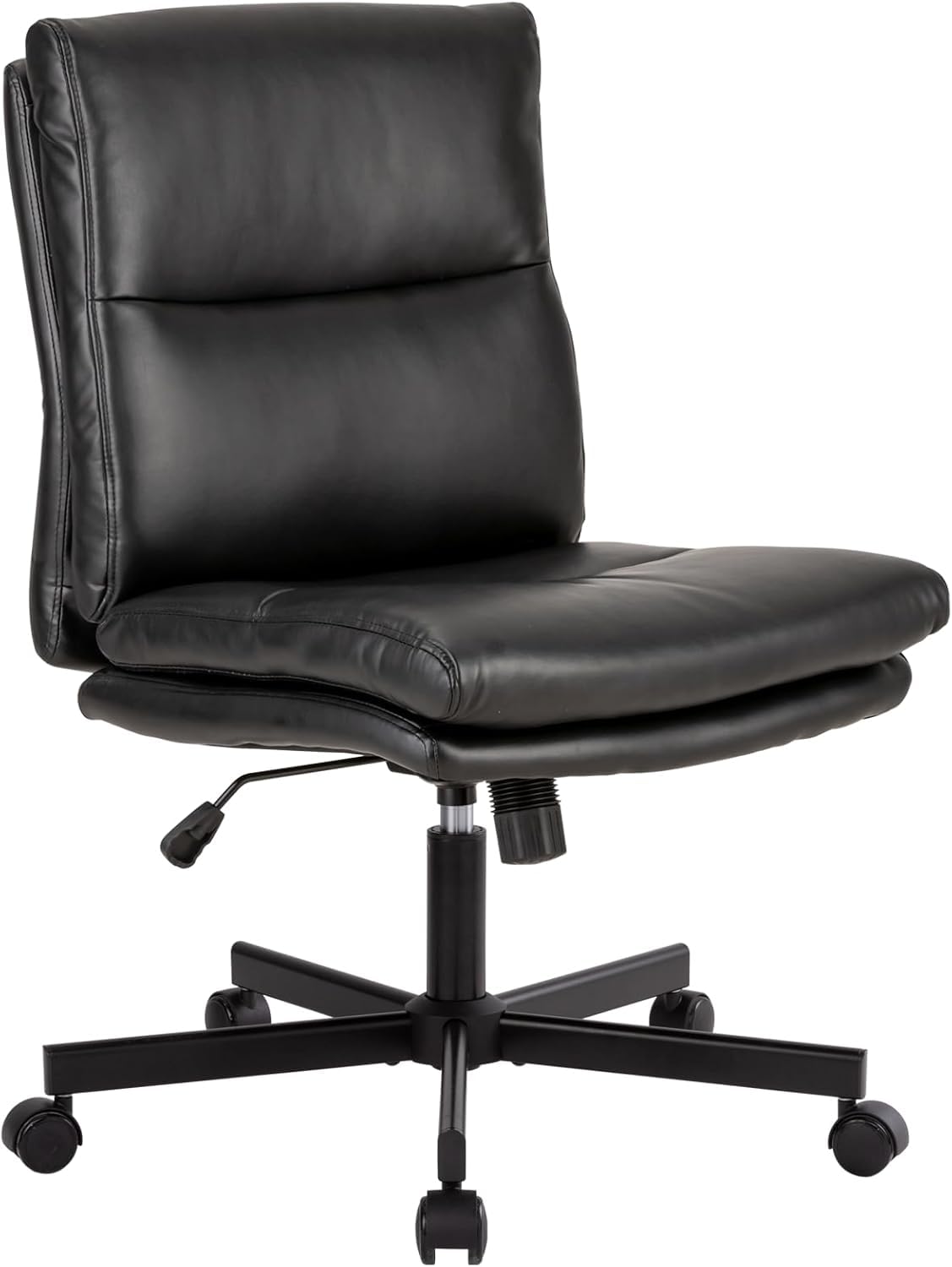 Armless Office Desk Chair with Wheels, Mid-Back Criss Cross Swivel Task Chair, Height Adjustable Cushioned Vanity Chair, Double Padded PU-Leather Chairs for Home, Office & Bedroom (Black)