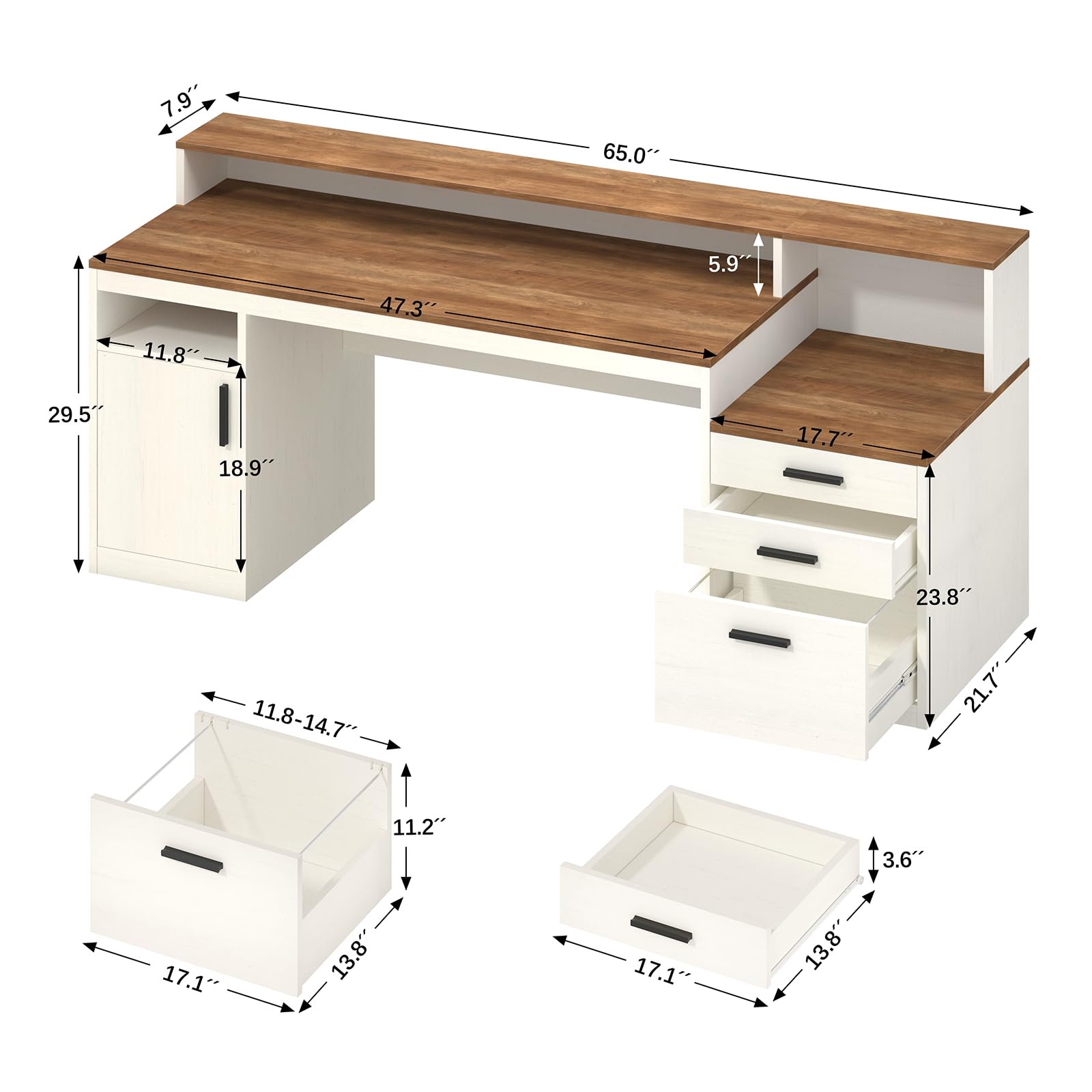 65 Inch Computer Desk with 3 Drawers & Storage Shelves, Executive Desk with File Drawer & Cabinet, Home Office Desk with Long Monitor Stand & Printer Shelf, Antique White