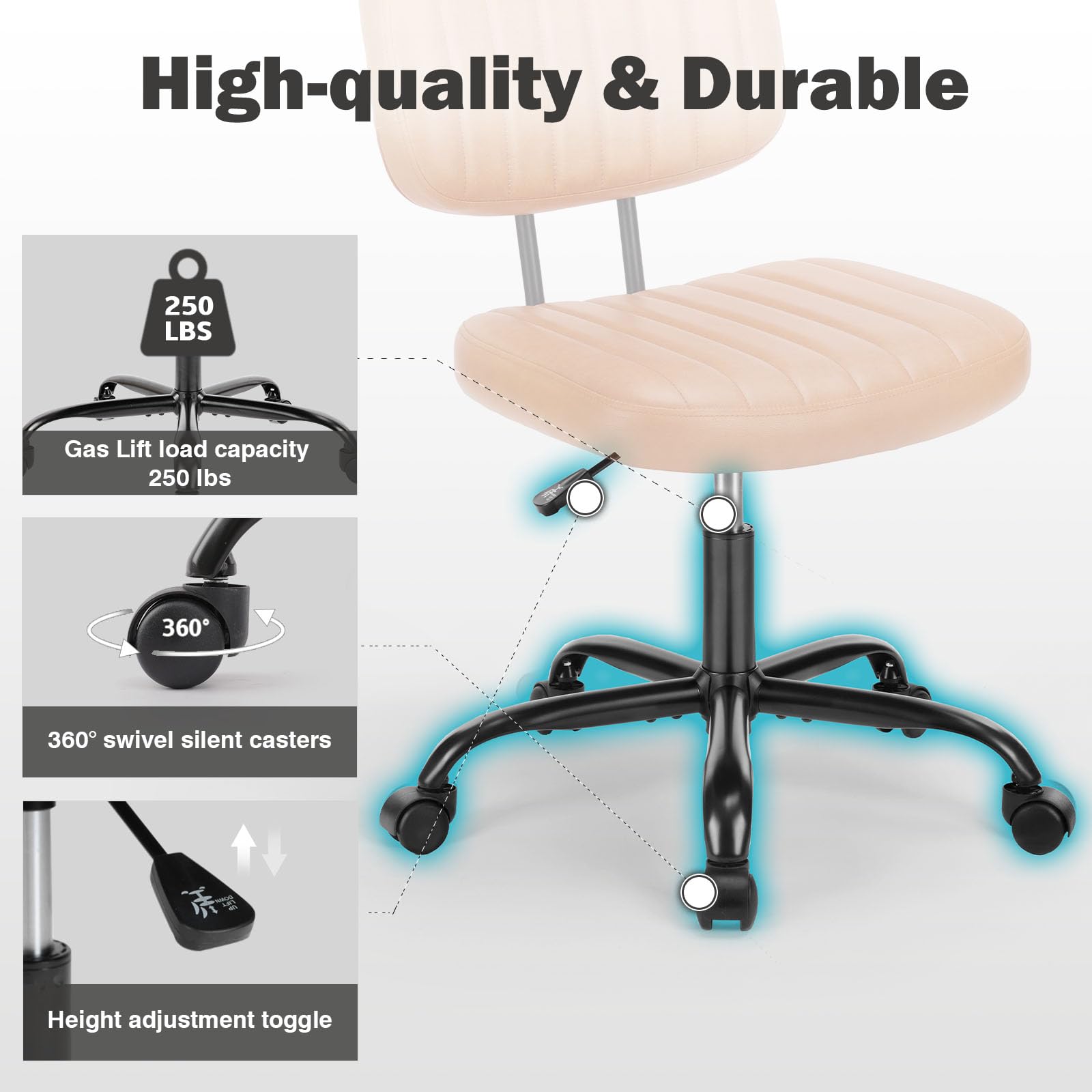 Armless Office Chair: Small Desk Chair with Low Back Lumbar Support, Height Adjustable PU Leather Computer Task with 360° Swivel Wheels, for Adults, Brown
