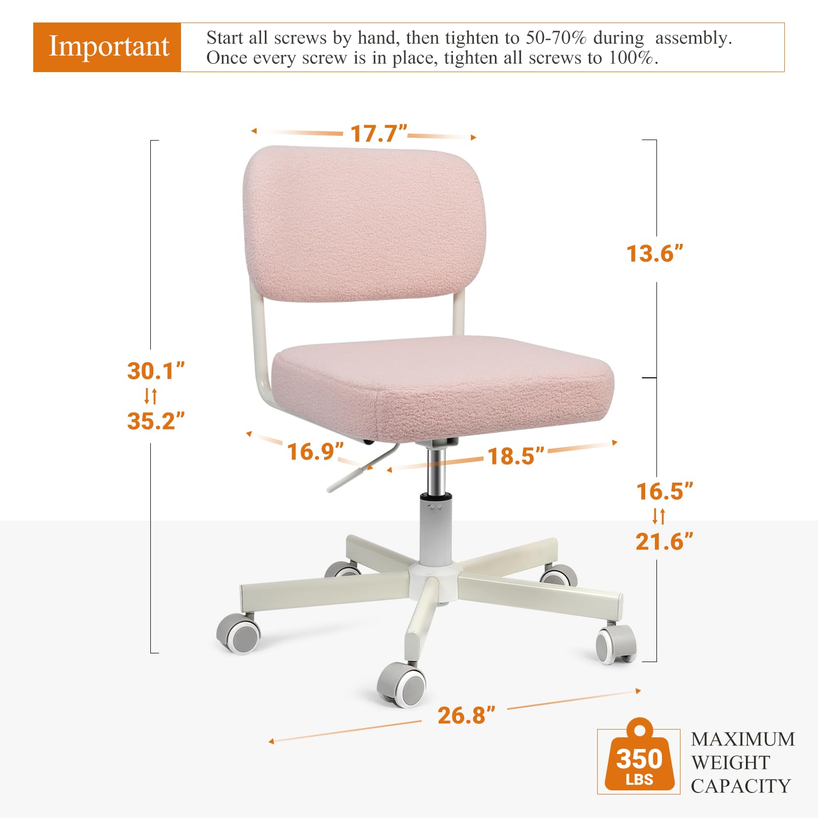 Vanity Chair with Wheels, Cute Armless Desk Chair with Back, Height Adjustable Swivel Small Office Chair, Comfy Velvet Computer Task Chair for Bedroom, Study, Dressing Room Pink