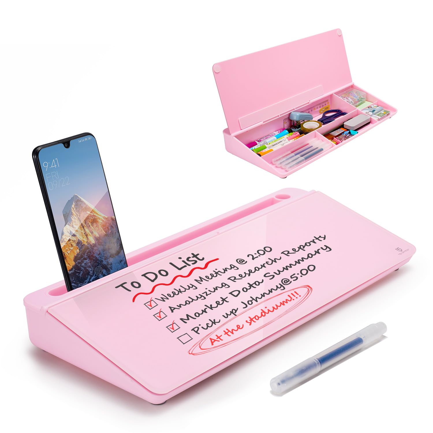 Desktop Whiteboard Dry-Erase-Board - Computer Keyboard Stand White Board Surface Pad with Drawer, Desk Organizers with Accessories for Office, Home, School Supplies - Complete Pink
