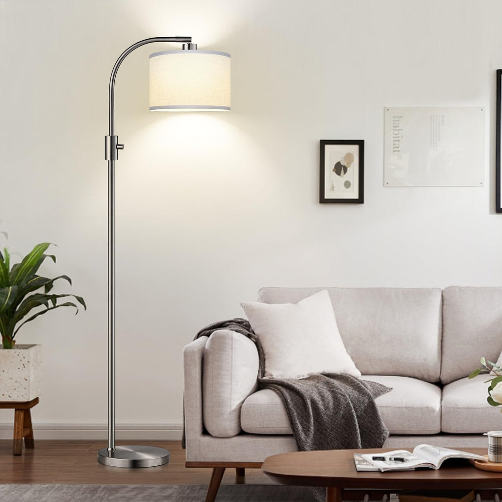 Upgraded Modern Arc Dimmable Tall Standing Floor Lamp with Linen Shade, 1200 Lumens LED Bulb Included, for Living & Reading Room, Bedroom, Office & Nursery, Brushed Nickel