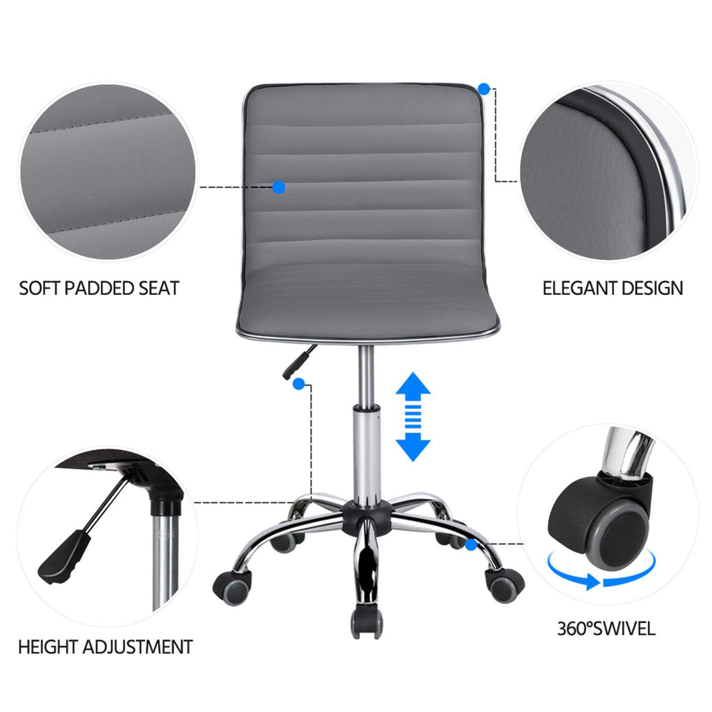 PU Leather Ribbed Armless Task Office Chair, Adjustable Low Back Executive Chair with Wheels Gray