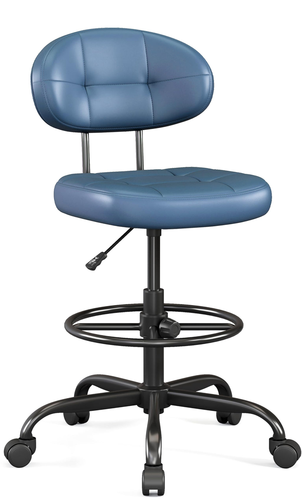 Drafting Chair Without Arms, Tall Office Chair with Footrest Ring for Standing Desk, Small Faux Leather Executive Chair with Adjustable Height for Bar Lab Counter Height Desk, Navy Blue