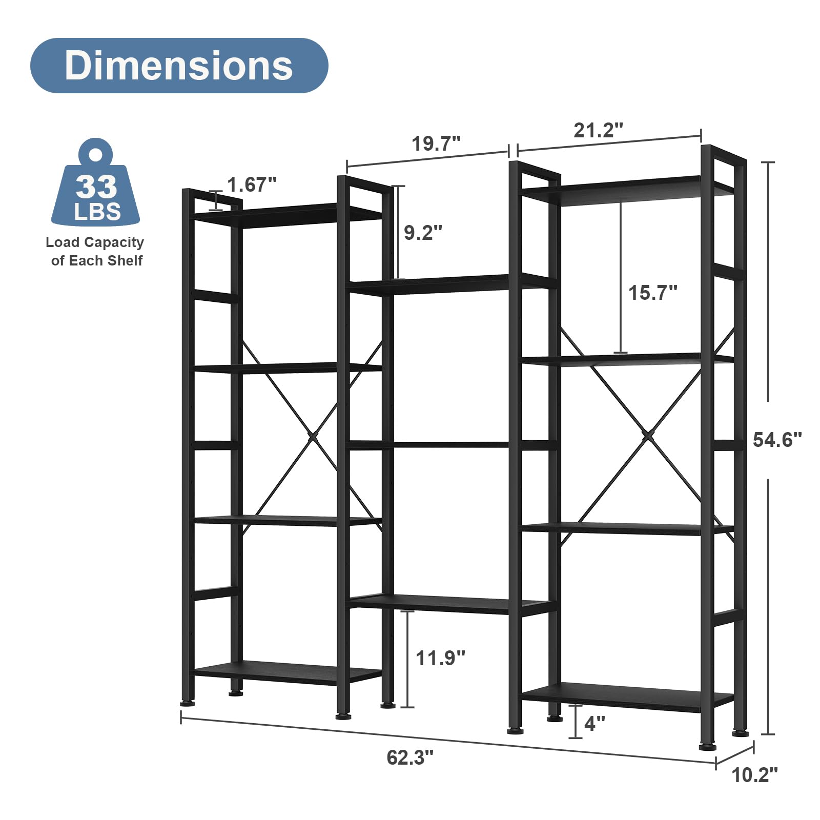 Triple Column 4 Tier Bookshelf, Wide Industrial Bookcase, Black