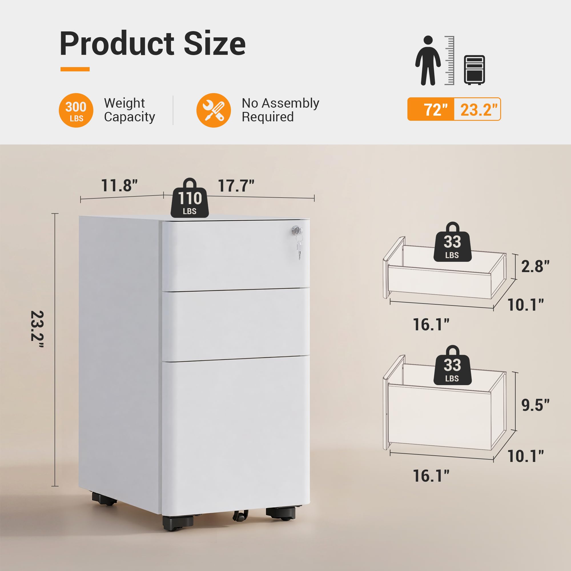 3 Drawer File Cabinet on Wheels, Fully Assembled Except Casters