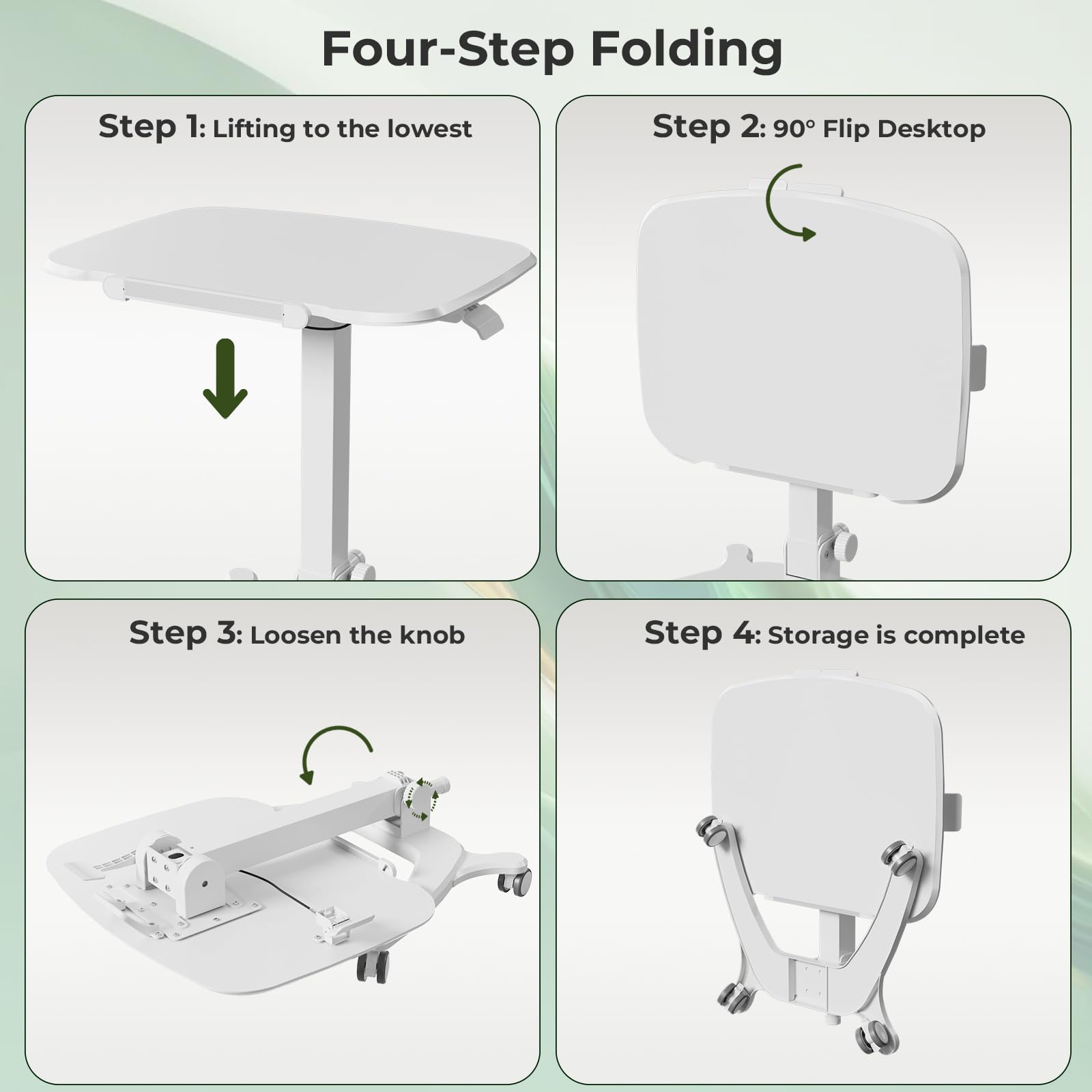 Foldable Mobile Standing Desk, 27"×21" Portable Rolling Laptop Cart with 90° Tiltable Board, Height Adjustable Workstation with Wheels, Folding Table for Home Office, White