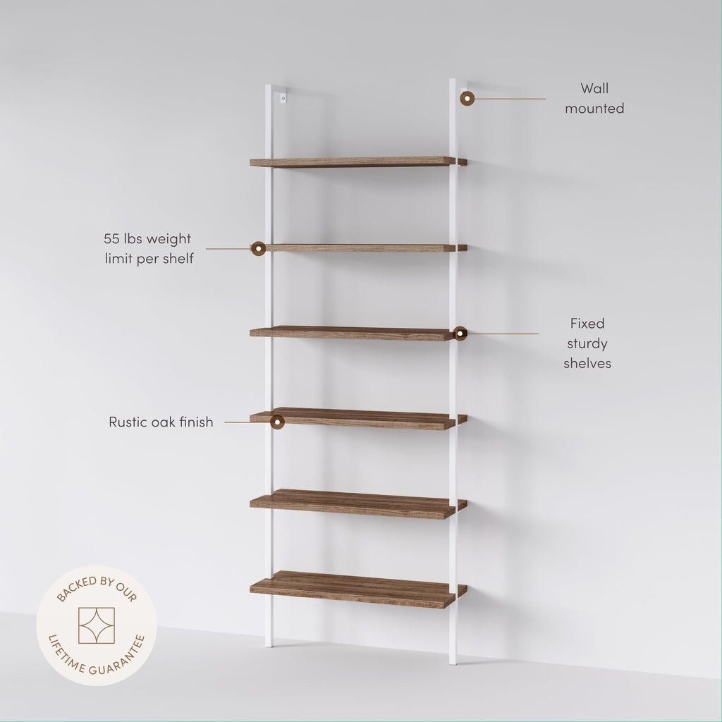 6-Shelf Tall Bookcase, Wall Mount Bookshelf with Natural Wood Finish and Industrial Metal Frame, Rustic Oak/White