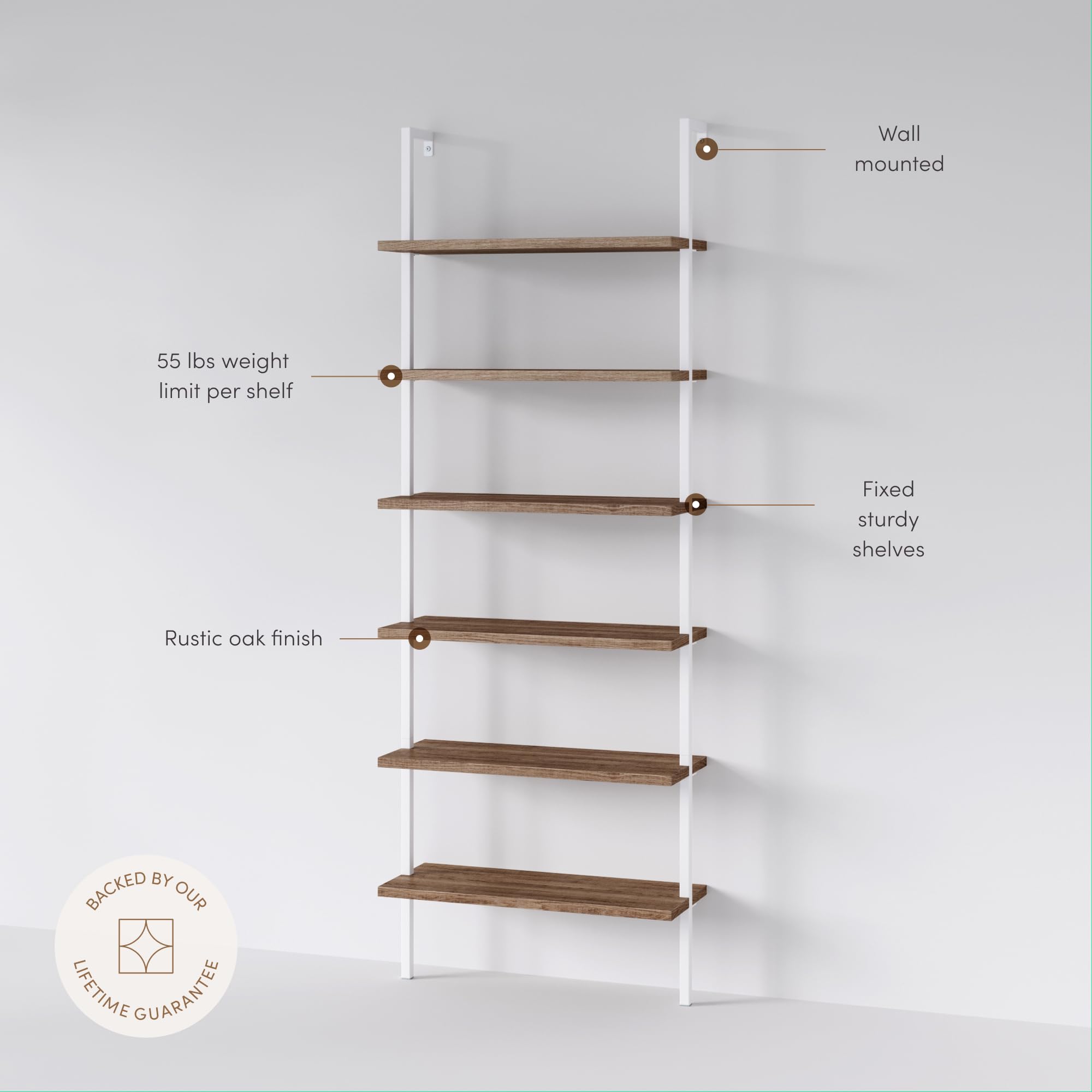 6-Shelf Tall Bookcase, Wall Mount Bookshelf with Natural Wood Finish and Industrial Metal Frame, Rustic Oak/White
