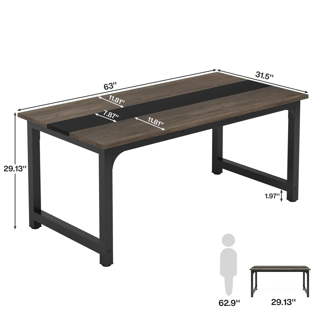 63” Executive Desk, Large Office Computer Desk with Thicken Frame, Modern Simple Workstation Business Furniture for Home Office, Vintage Grey/Black