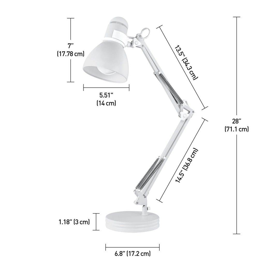 28" Swing Arm Architect Desk Lamp, Matte White, Rotary Switch on Shade, Partially Adjustable Arm, Modern Lighting for Bedroom or Office, Timeless, Indoor Lights