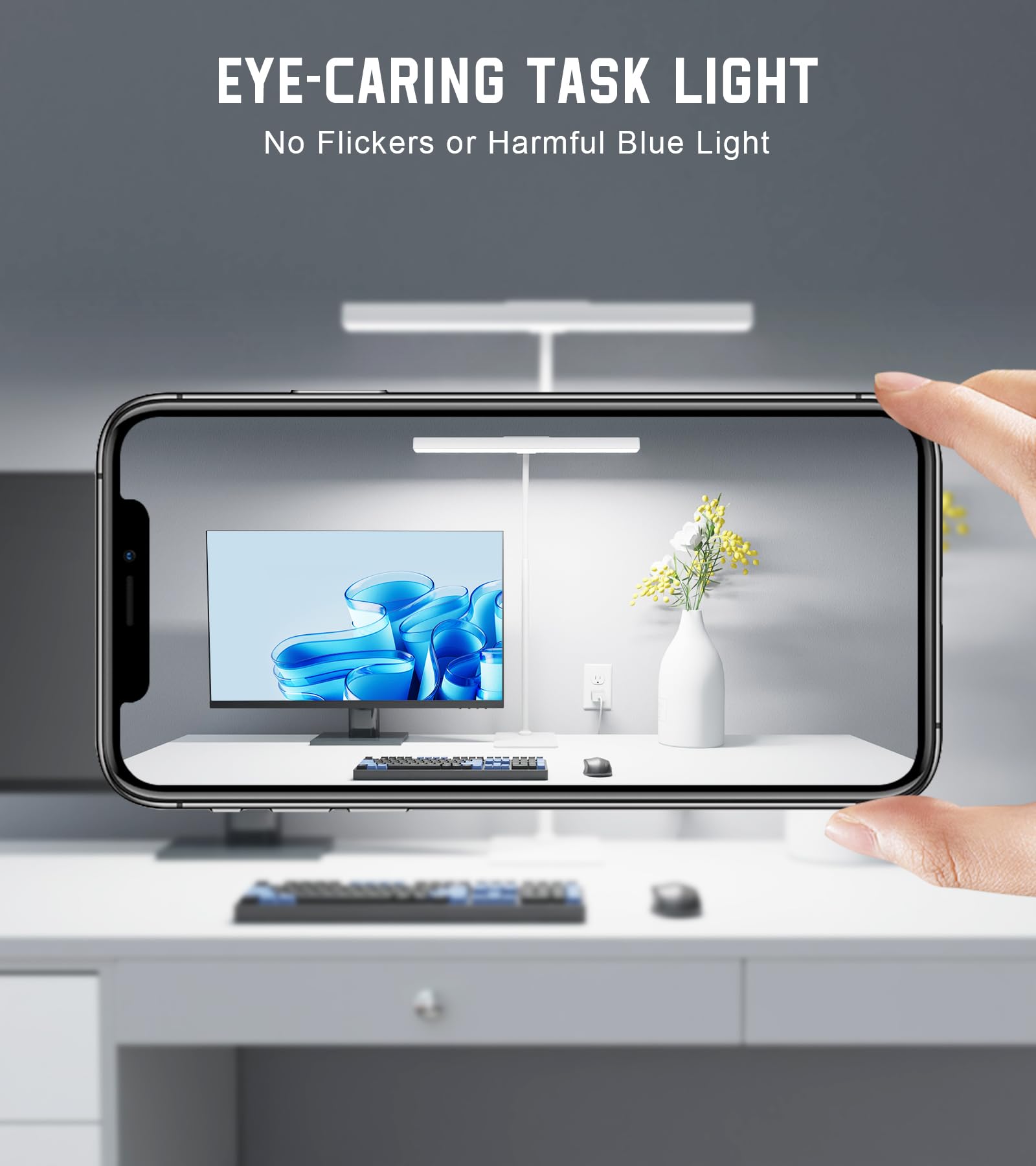 Desk Lamp for Office with Base, Eye-Caring Desk Light with Adjustable Gooseneck, 12W USB Adapter Touch Control 5 Dimmable Brightness & Color Tall Lamp for Work, Computer, Study, Task