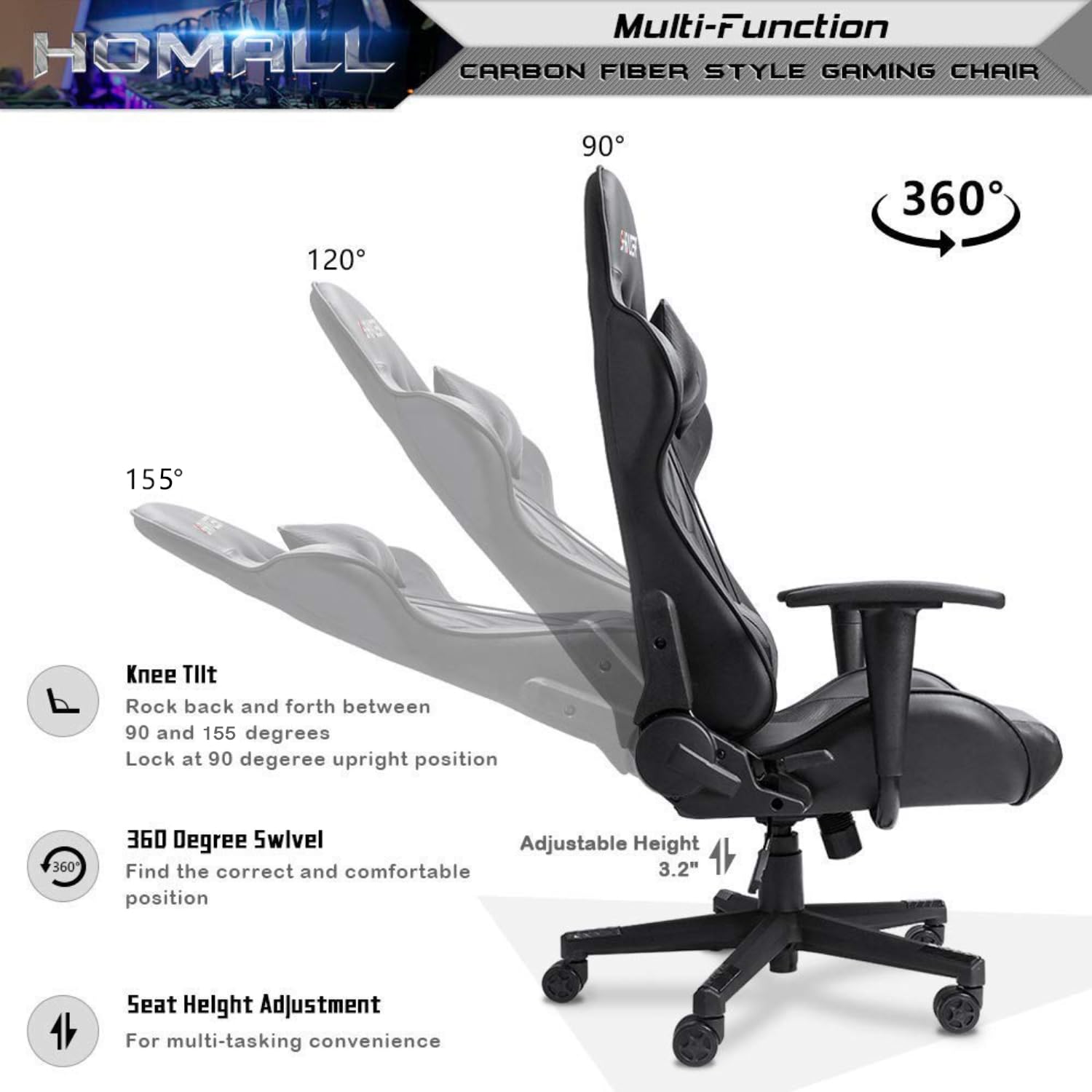 Gaming Chair, Office Chair High Back Computer Chair Leather Desk Chair Racing Executive Ergonomic Adjustable Swivel Task Chair with Headrest and Lumbar Support (Dark Black)
