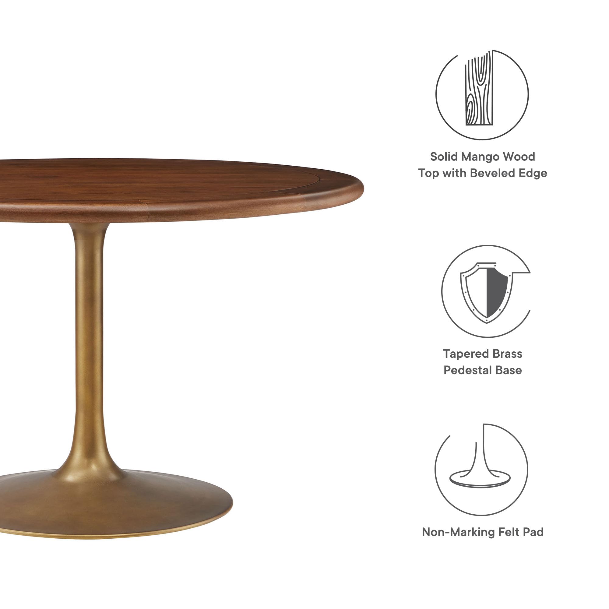 Modway Lippa 48 Inch Round Wood Dining Table with Metal Pedestal in Brass Walnut - Modern Industrial Dining Table for 4 People - Solid Wood Tulip Kitchen Table