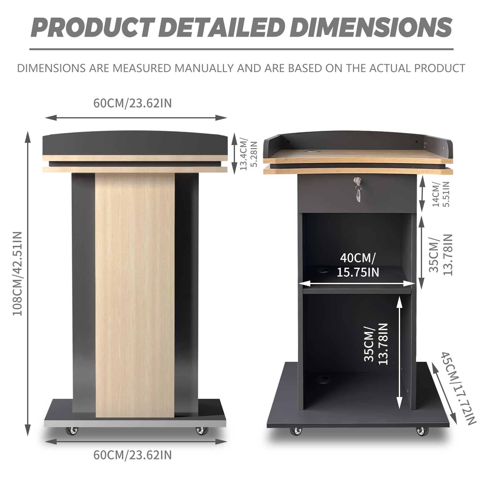 Wooden Podium Stand with Wheels, Pulpitos para Iglesias, Double-Layer Storage Pulpit, Lockable Drawer, Comes with Dust Cloth Durable and Mobile Lectern, Suitable for Churches, Classrooms,Conference.