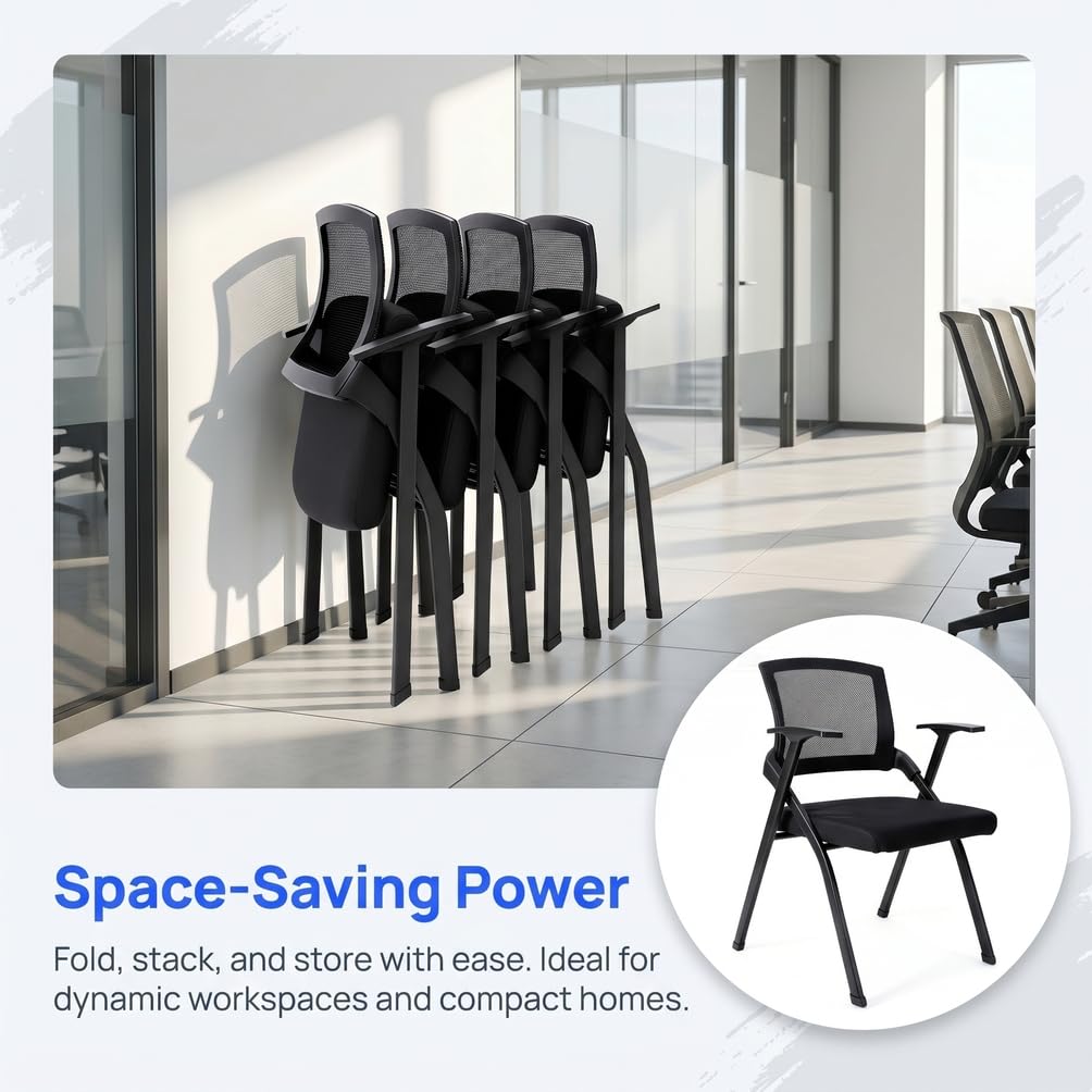 12 Pk, Folding Office Chair with Wheels - Mobile Mesh Back Conference Room Chair with Padded Seat, Foldable & Stackable for Meeting Room, Training, Seminar,Classroom School & Office - Black