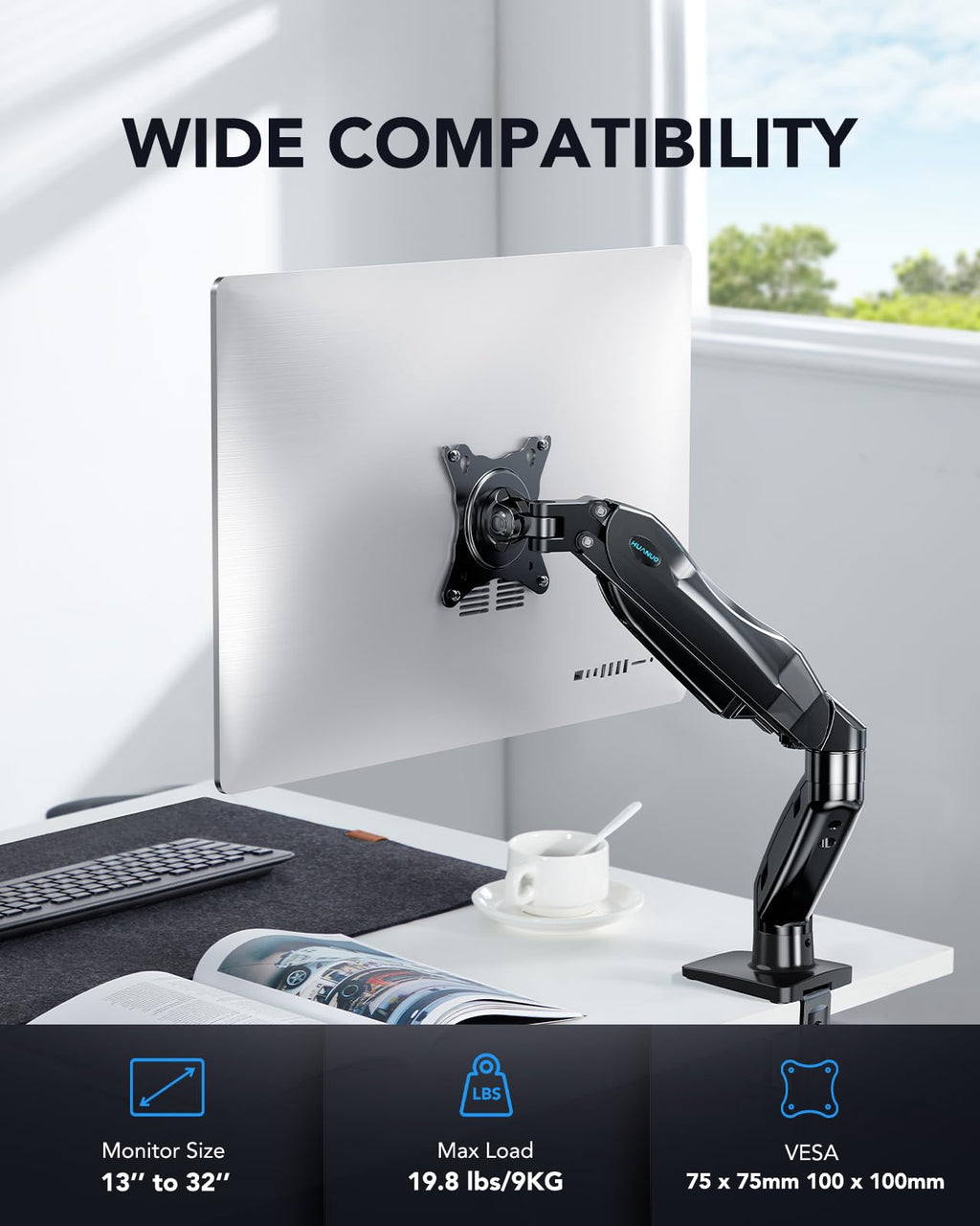 FlowLift™ Single Monitor Mount, 13 to 32 Inch Monitor Arm, Adjustable Monitor Stand, Vesa Mount with Clamp and Grommet Base - Fits 4.4 to 19.8lbs LCD Computer Monitors