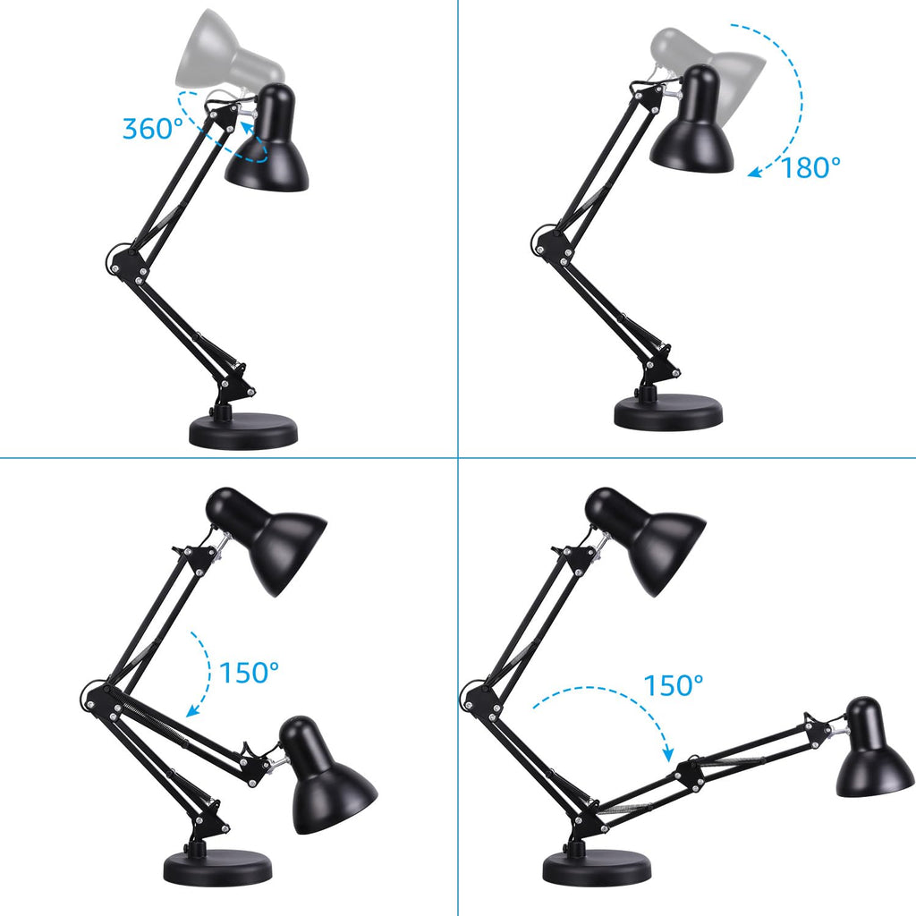 Metal Desk Lamp with Clamp, Swing Arm, Architect Adjustable Gooseneck Table Lamp, Clip Desk Lights for Home Office, Work, Study, Reading, E26 Base, Multi-Joint, Black