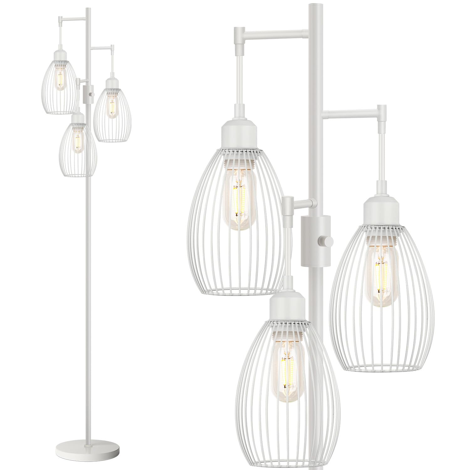 Floor Lamp, 3 x 800LM LED Edison Bulbs Included, Farmhouse Industrial Floor Lamp Standing Lamp with Elegant Teardrop Cage Head Tall Lamp for Living Room Bedroom Office Dining Room - White