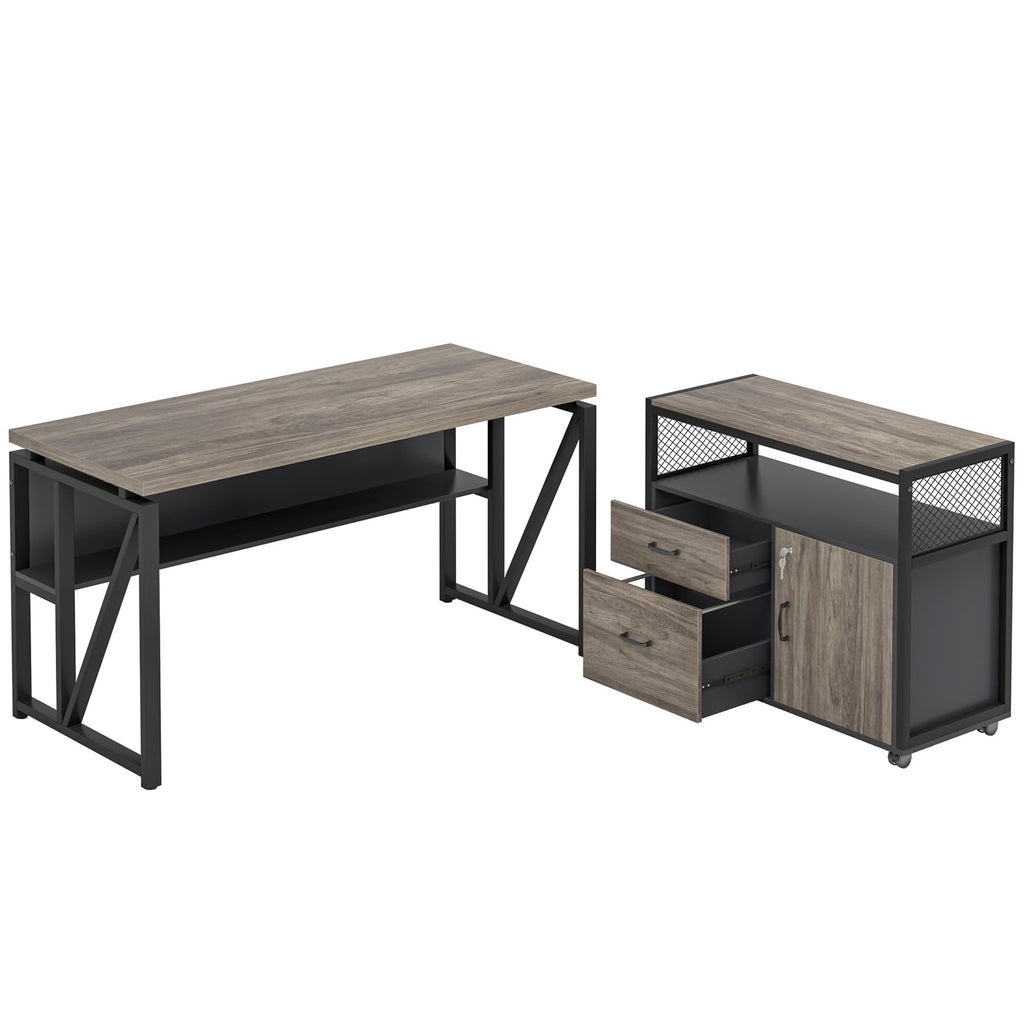 55" L Shaped Computer Desk and lateral File Cabinet with Locks, 2 Piece Home Office Furniture Set for Hanging