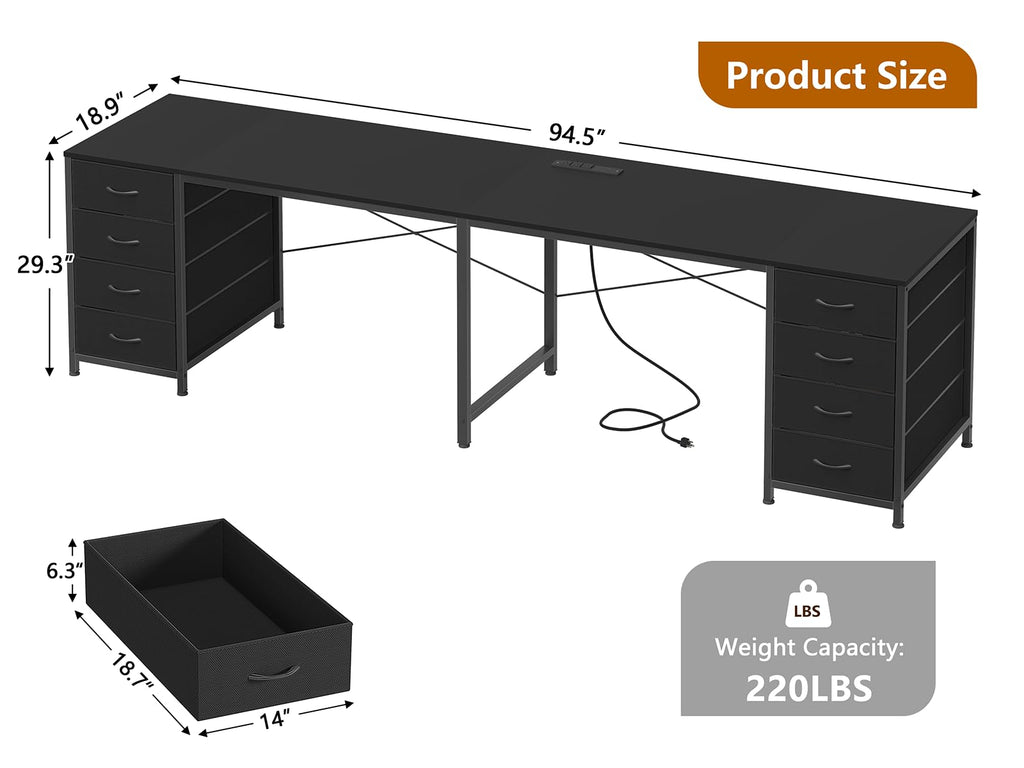 95'' Two Person Desk with 8 Drawers, Long Office Desk with Charging Station, 2 Person Desks Double Desk Writing Study Table for Home Office, Black