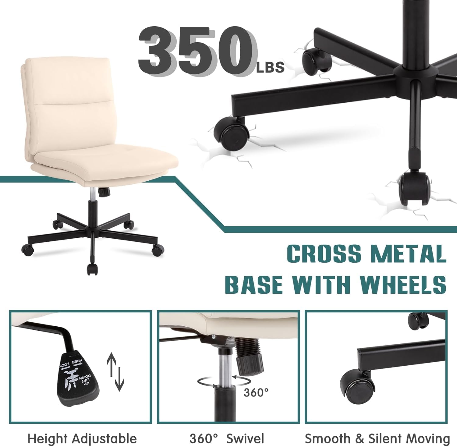 Armless Office Desk Chair with Wheels, Mid-Back Criss Cross Swivel Task Chair, Height Adjustable Cushioned Vanity Chair, Double Padded PU Leather Chair for Home, Office & Bedroom, Beige White
