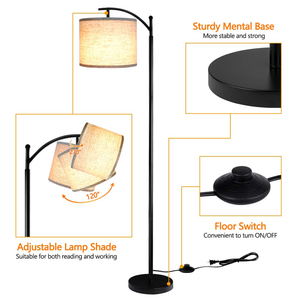 Floor Lamp for Living Room with 3 Color Temperatures LED Bulb, Standing Lamp Tall Industrial Floor Lamp Reading for Bedroom, Office (9W LED Bulb, Beige Lampshade Included) -Black